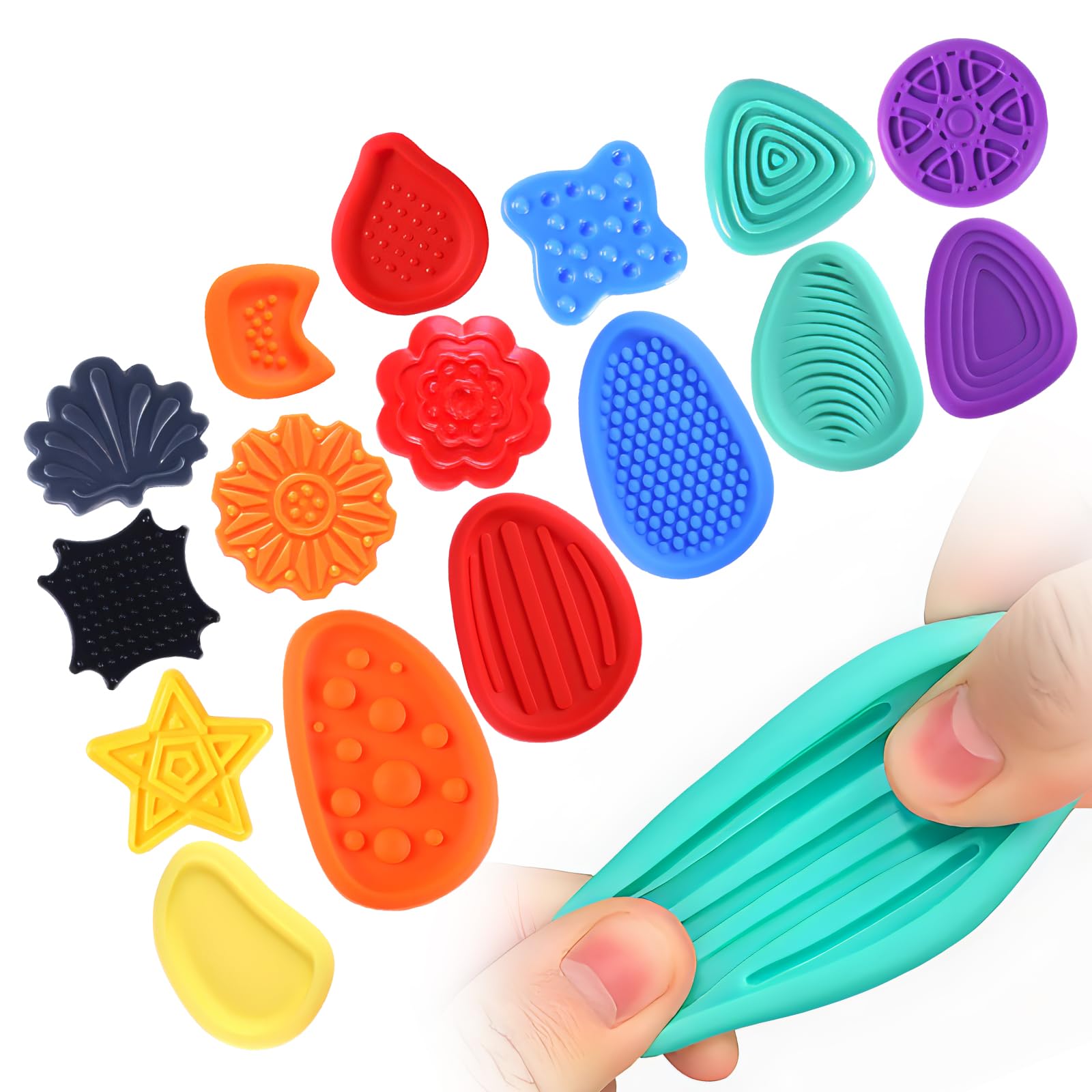 Fidget Toys Sensory Stone for Kids, Soft Textured Worry Stones Fidget Stress Toys for Kids Students Adults Calming Anxiety Relief Special Needs Developmental Toys-Holder (16 Pcs)