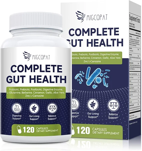 Migcopat Probiotic Prebiotic, Postbiotic & Digestive Enzymes for Digestive Health, 80 Billion CFU Probiotics Complete Gut Support with Berberine, Cinnamon, L-Glutamine, for Men & Women, 120 Capsules