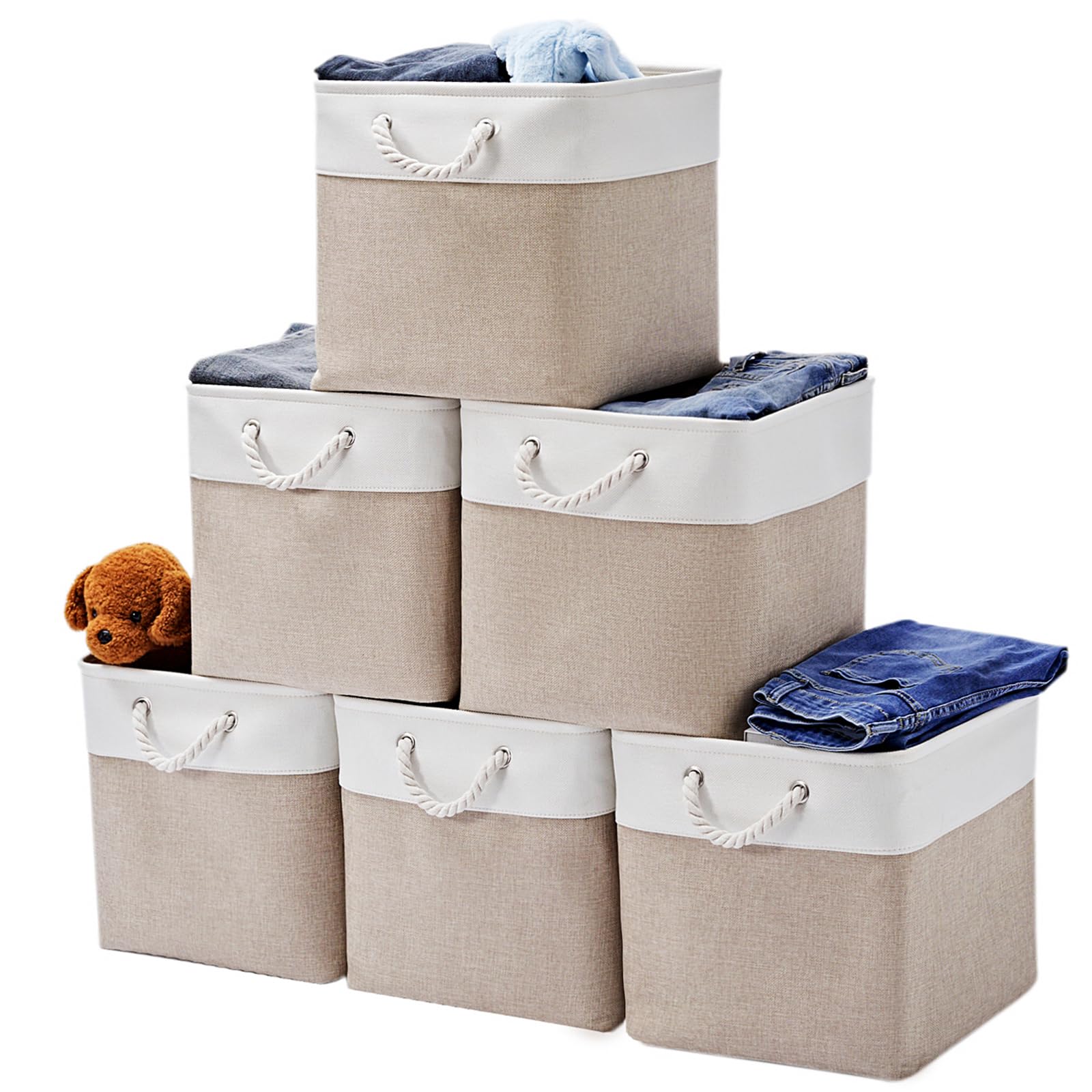 13 x 13 Inch Storage Cubes，6 Pack Cube Storage Bins for Shelves，Fabric Collapsible Storage Bins with Handles, Foldable Storage Basket for Organizing Clothes, Toys, Books (White&Beige)