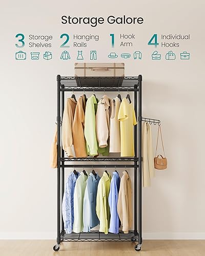 Miniatura 3 de SONGMICS Perchero Enrollable de Alta Resistencia, Perchero para Ropa, Armario Portátil, Perchero de Ropa de 75 cm de Ancho con Ruedas, con Estantes