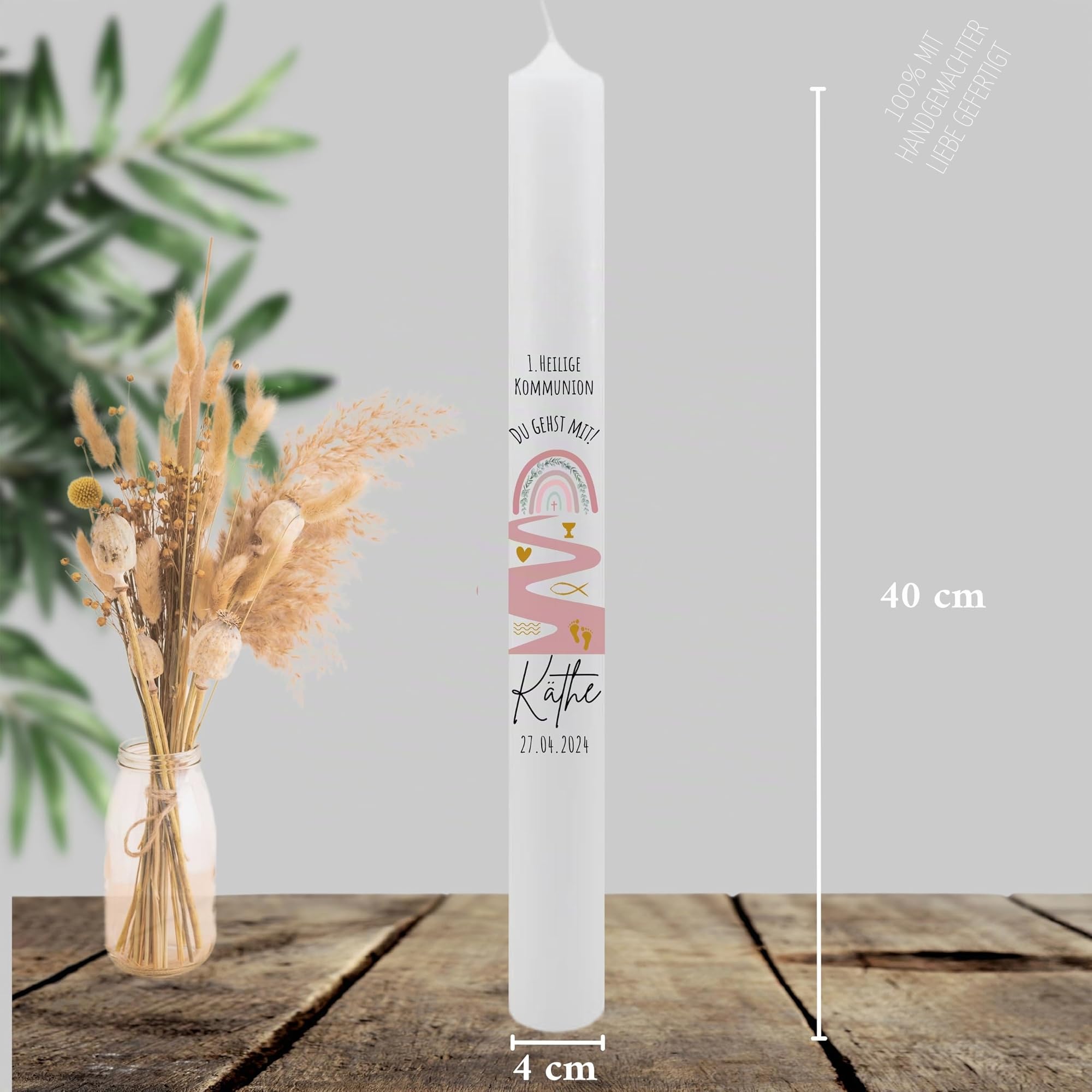 VILLA ROSA LOTTA – Personalisierbare Kommunionkerze „Du gehst mit“ mit Wunschdaten und Rückseite | Regenbogen Wellen Rosa | 40 cm x 4 cm | für Jungen und Mädchen | Altarkerze elfenbein