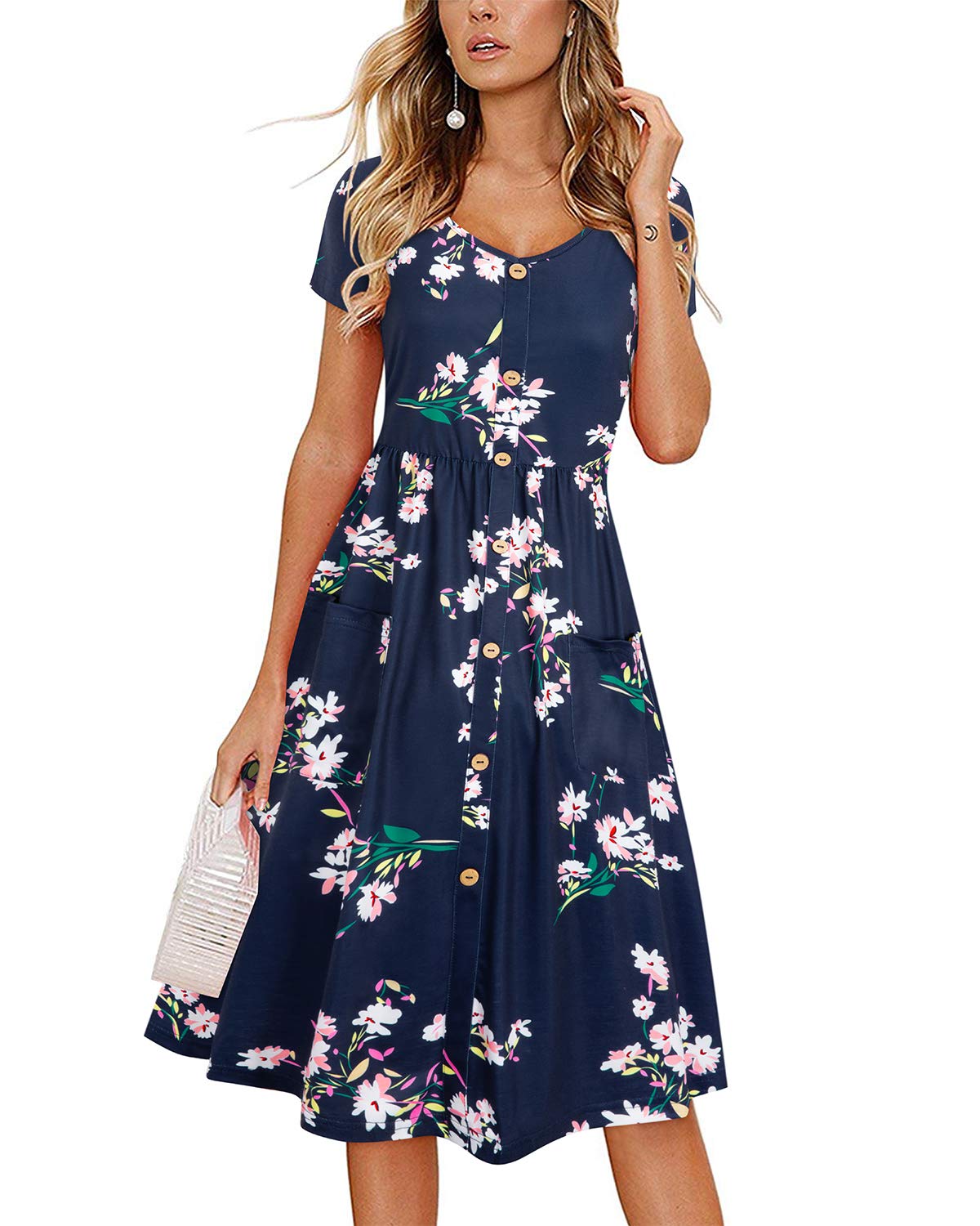 VOTEPRETTYVOTEPRETTY Women's Short Sleeve V Neck Sundress Summer Casual Button Floral Dress with Pockets, Floral03, Large