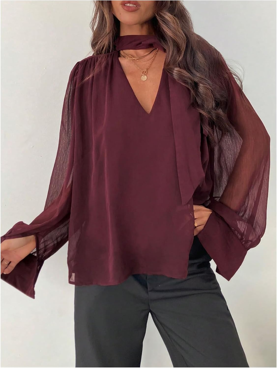 SOLY HUX Women's Long Sleeve Tie V Neck Blouse Elegant Office Chiffon Shirt Flowy Tops - Image 4