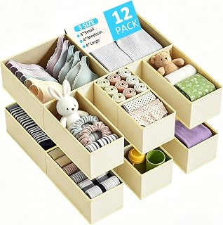 Drawer Organisers 12 Pack,Foldable Fabric Storage Boxes Drawer Dividers for Wardrobe Storage Organiser,Clothes Drawer Organisers Underwear,Socks,Bras,Clothing–Draw Cubes for Bedroom, Dresser（Beige）