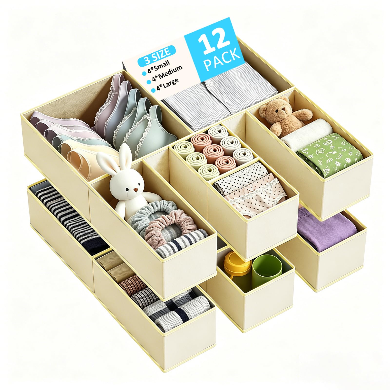 Drawer Organisers 12 Pack,Foldable Fabric Storage Boxes Drawer Dividers for Wardrobe Storage Organiser,Clothes Drawer Organisers Underwear,Socks,Bras,Clothing–Draw Cubes for Bedroom, Dresser（Beige）