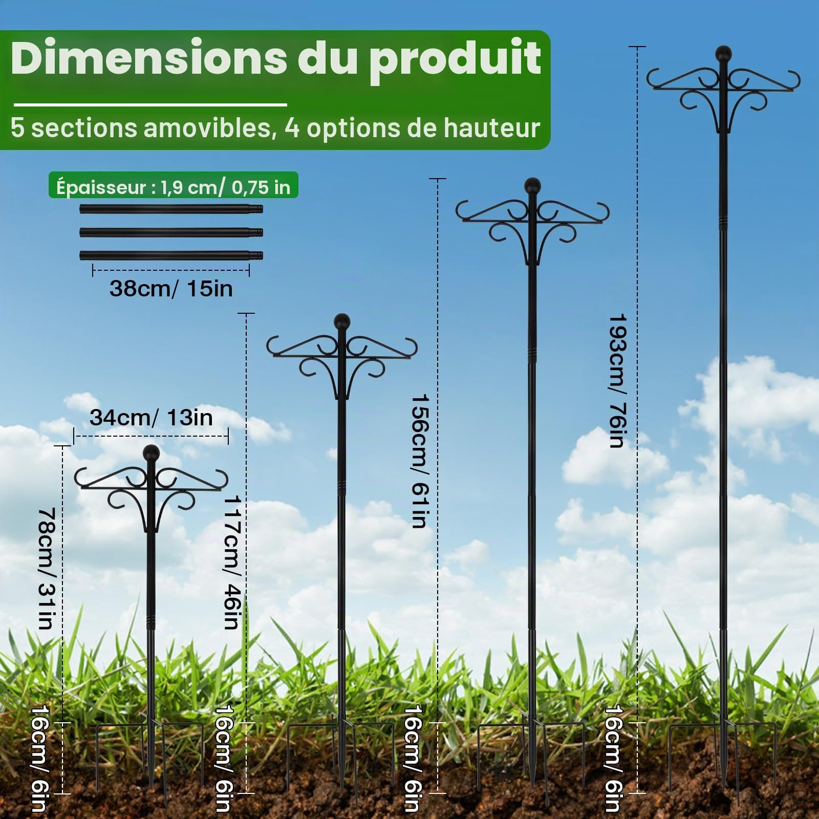Crochet de Berger pour Jardin, 193 cm Support pour Mangeoire Oiseaux Exterieur Sur pied, Mât Réglable Robuste pour Jardinière Suspendue et Lumière Guinguette Extérieur