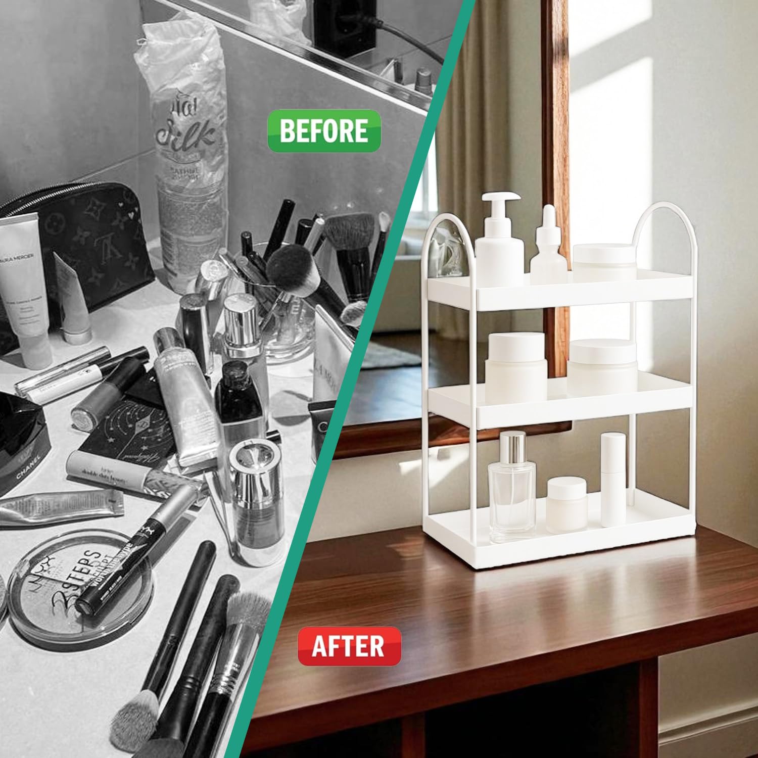 Go Hooked 3 Tier Curved Metal Vanity Organizer – 45cm Tall Countertop Storage Rack for Bathroom, Dressing Table & Desk | Powder Coated Rust-Resist Iron | Freestanding Space-Saving Shelf (White) 4