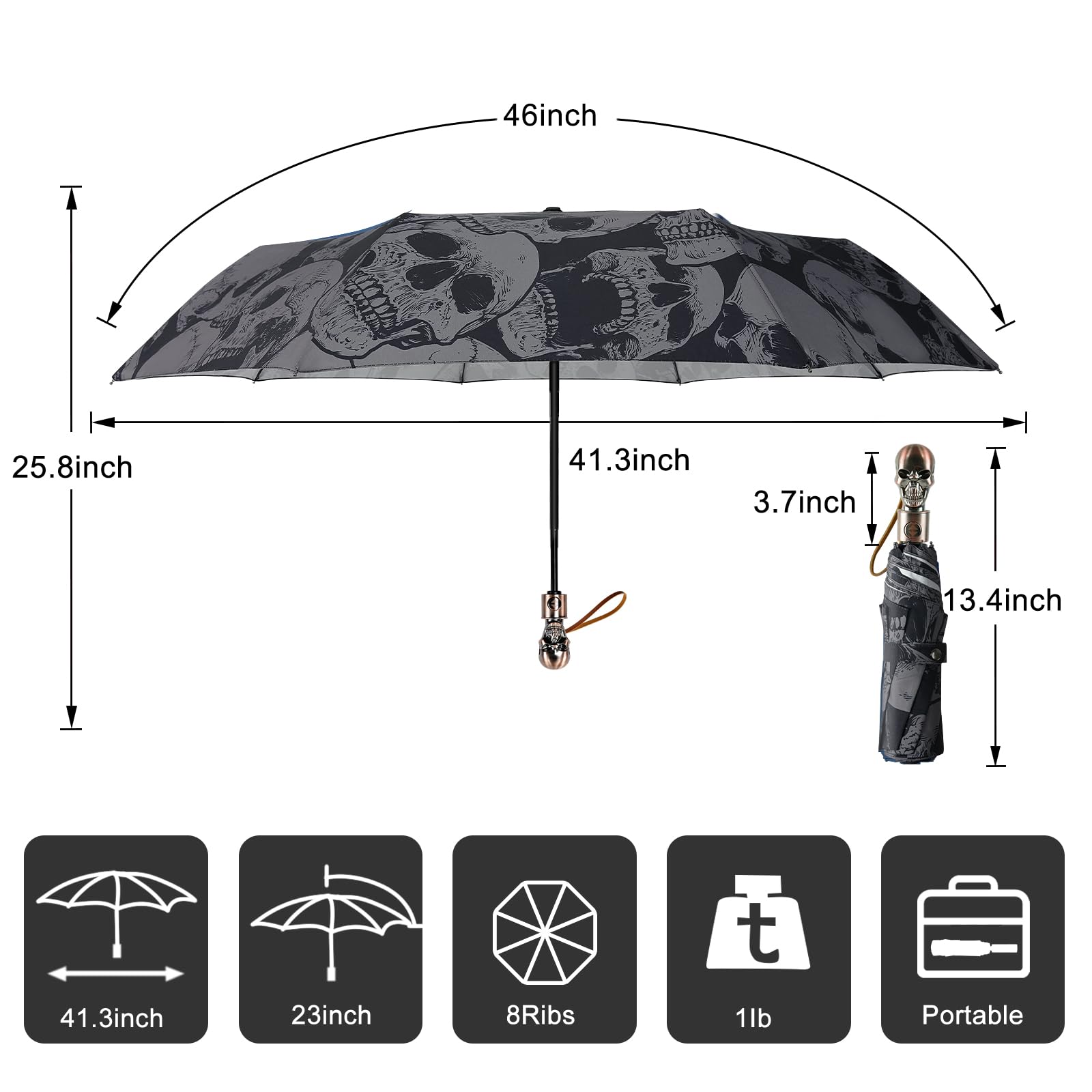 Lejorain Paraguas gótico plegable portátil, cierre automático, resistente al viento, paraguas de viaje, ligero, resistente, paraguas de lluvia para hombres y niños