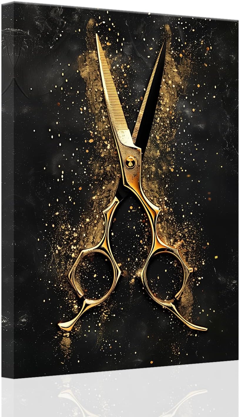 SWQYLB Hair Salon Wall Art Barber Pictures Canvas Black and Gold Wall Decor Haircut Tools Painting Trendy Barbershop Wall Decor Framed Hairdresser Gifts (16.00" x 24.00")