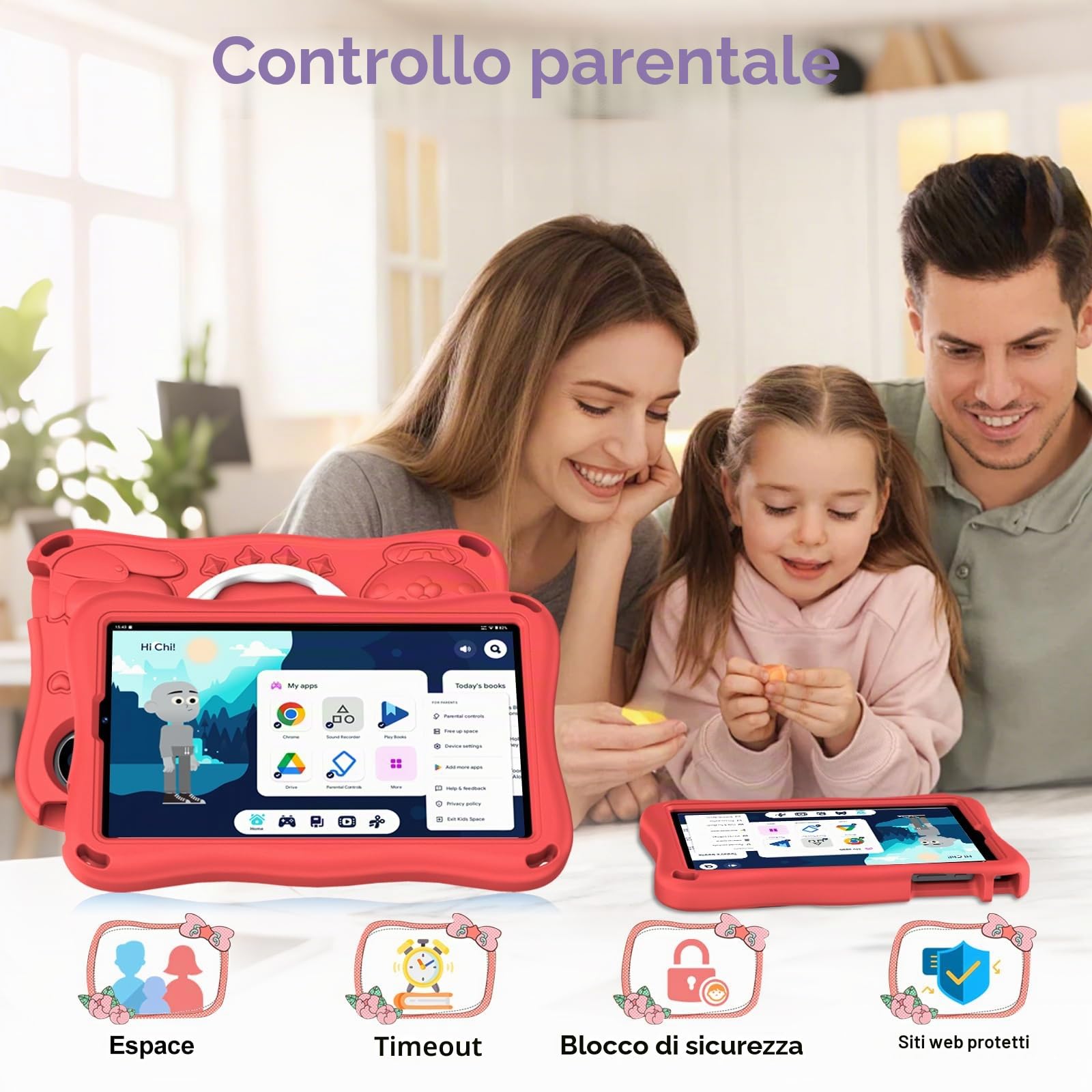 S11 Tablet per bambini 9 pollici Android 15 con 12 GB di RAM + TF 1 TB, 5G WiFi, Widevine L1, Octa-Core, 5000 mAh, controllo genitoriale, 1340 x 800, BT 5.0, per bambini con custodia Eva -Red
