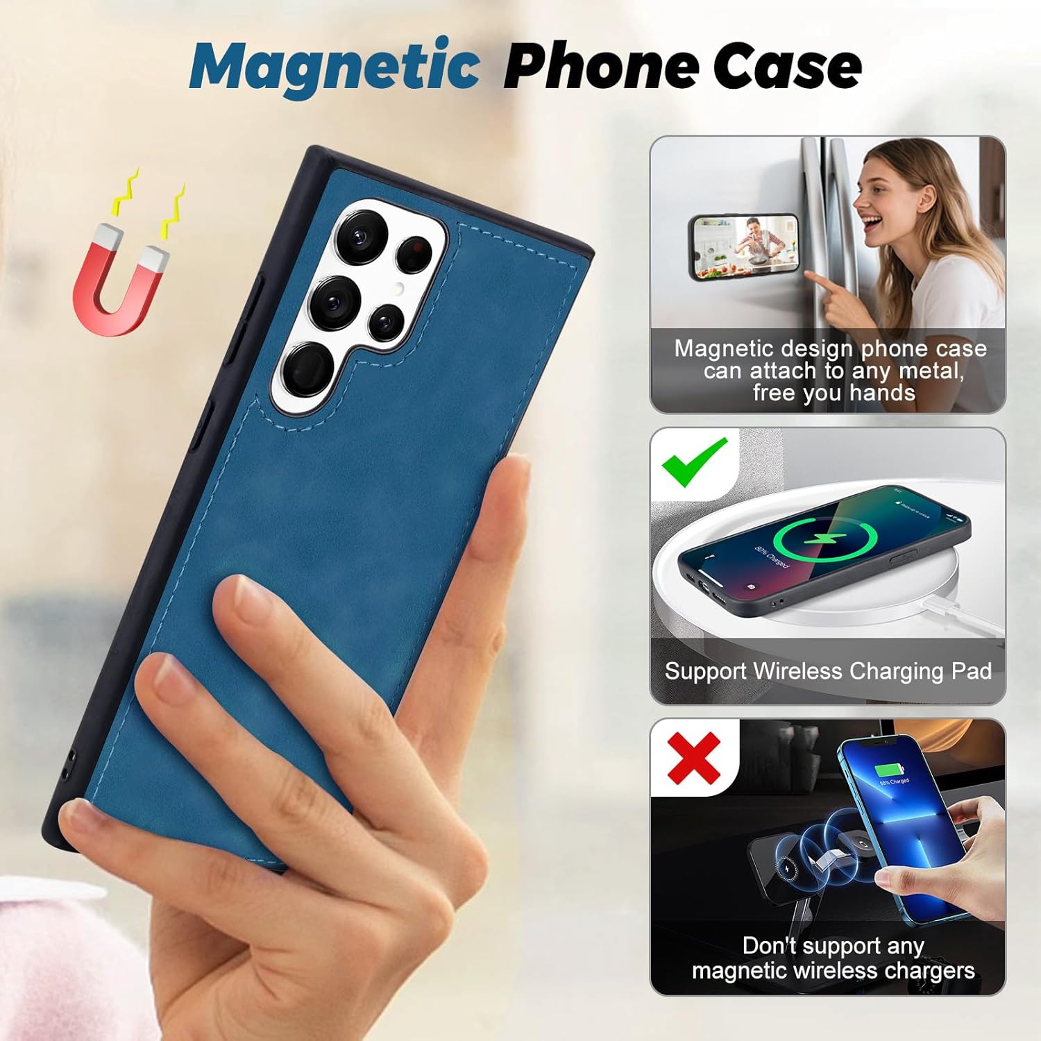 TwoHead for Samsung Galaxy S22 Ultra Wallet Case with Card Holder & Detachable Magnetic Phone Case for S22 Ultra 6.8 in,PU Leather Shockproof Protective Phone Cover Wallet with Strap(Dream Navy Blue)