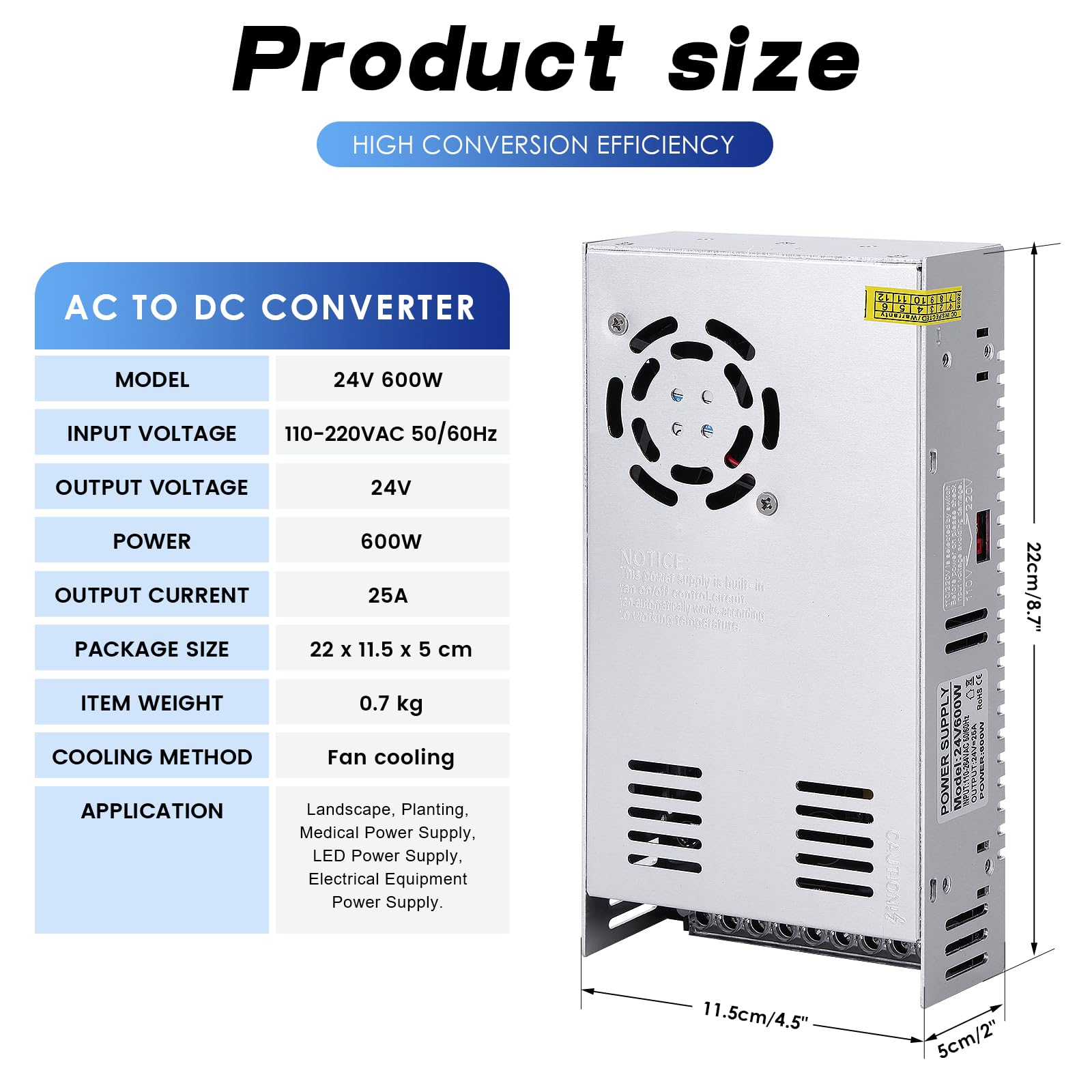 Uniwersalny regulowany zasilacz impulsowy 24 V 25 A 600 W DC zasilacz impulsowy AC adapter LED, konwerter, transformator, adapter do taśm świetlnych LED, CCTV, projektu komputerowego, radia