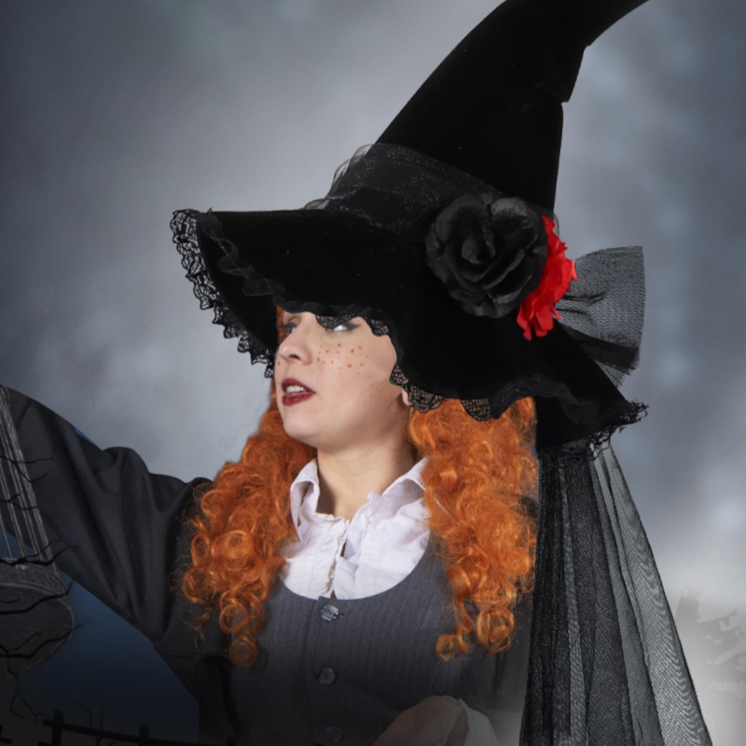 eBoutik, Delux Witch Hat for Adults Halloween Costume Hat with Spider Web Veil, Fancy Floral Headwear - Image 3
