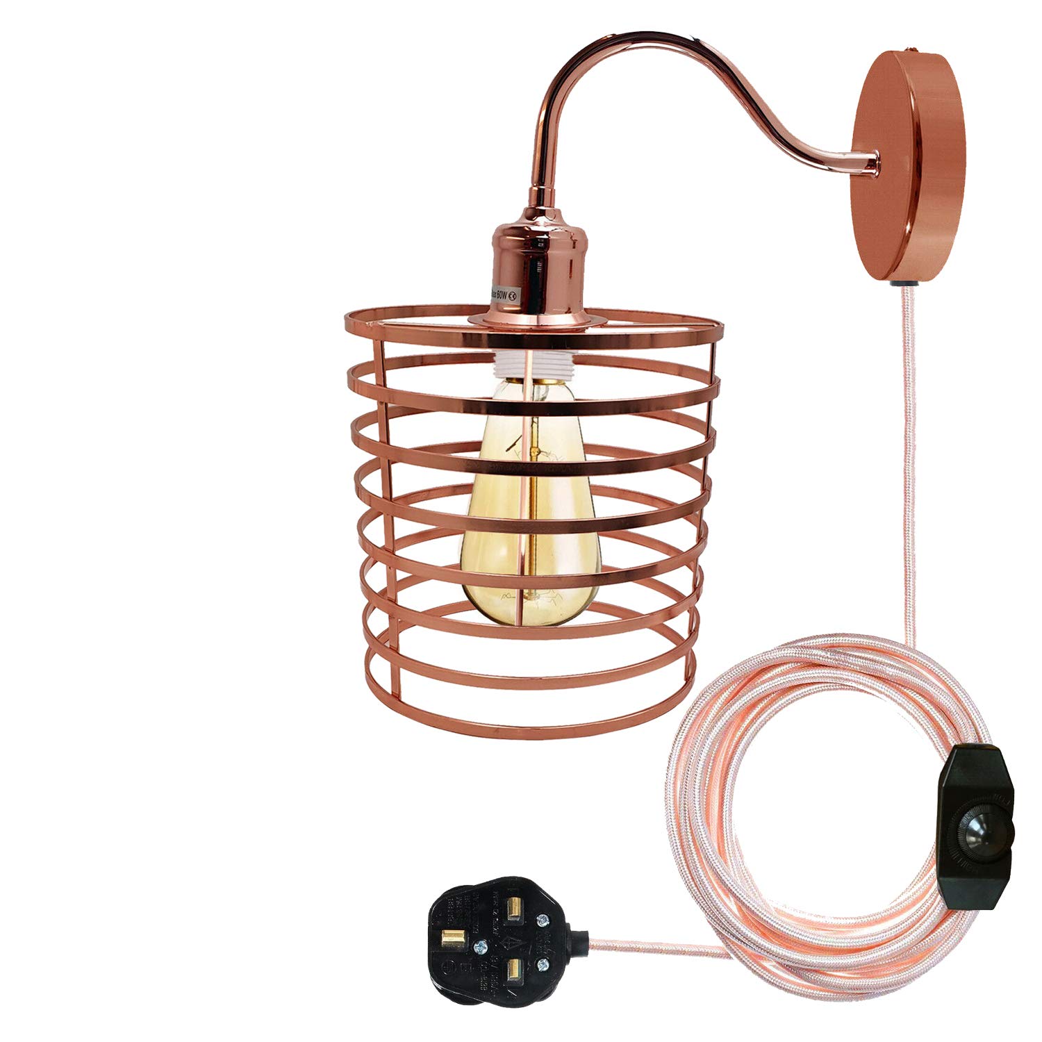 LEDSone Modern Vintage Retro Industrial Plug in Wall Lamp, Rose Gold Sconce Light with Wire Cage Shade and UK E27 Holder Fitting[Energy Class A++]