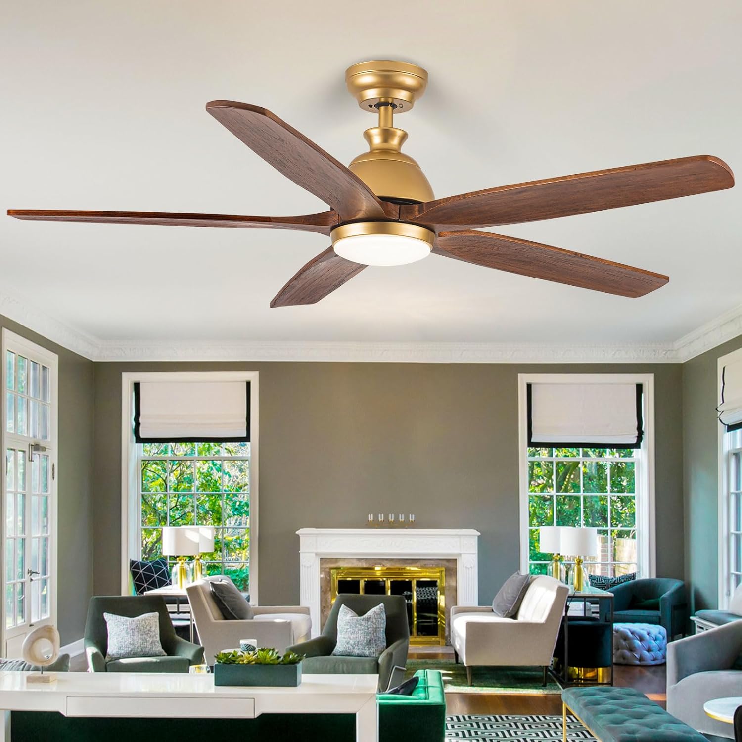 60 inch Indoor/Outdoor Ceiling Fan with Lights, Farmhouse Gold Ceiling Fans with Lights and Remote, Solid Wood Ceiling Fan with 5 LED Colors, Reversible DC Motor for Porch,Exterior House,patios