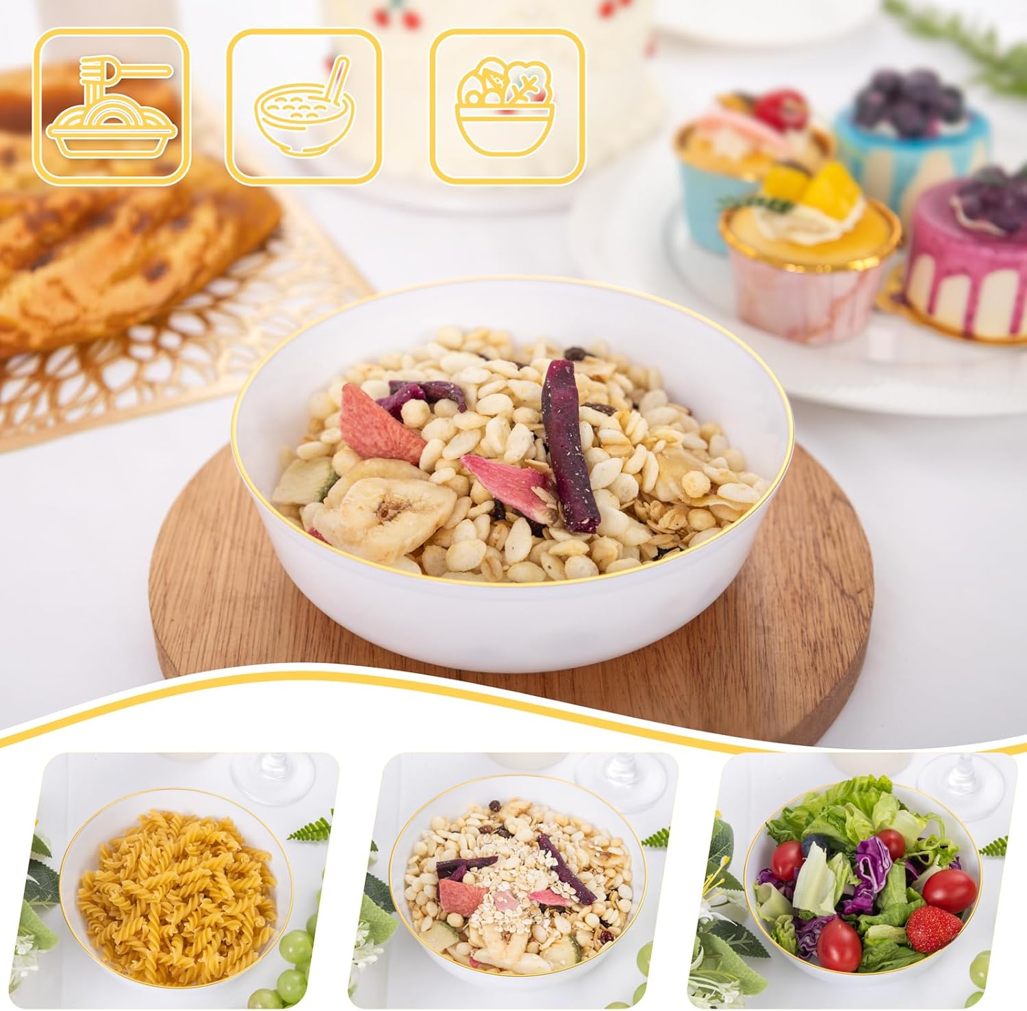 I00000 50 Pack White Plastic Bowls with Gold Rim,16 oz Disposable Soup Bowls,Premium Heavy Plastic Serving Bowls Ideal for Wedding & Party - Image 4
