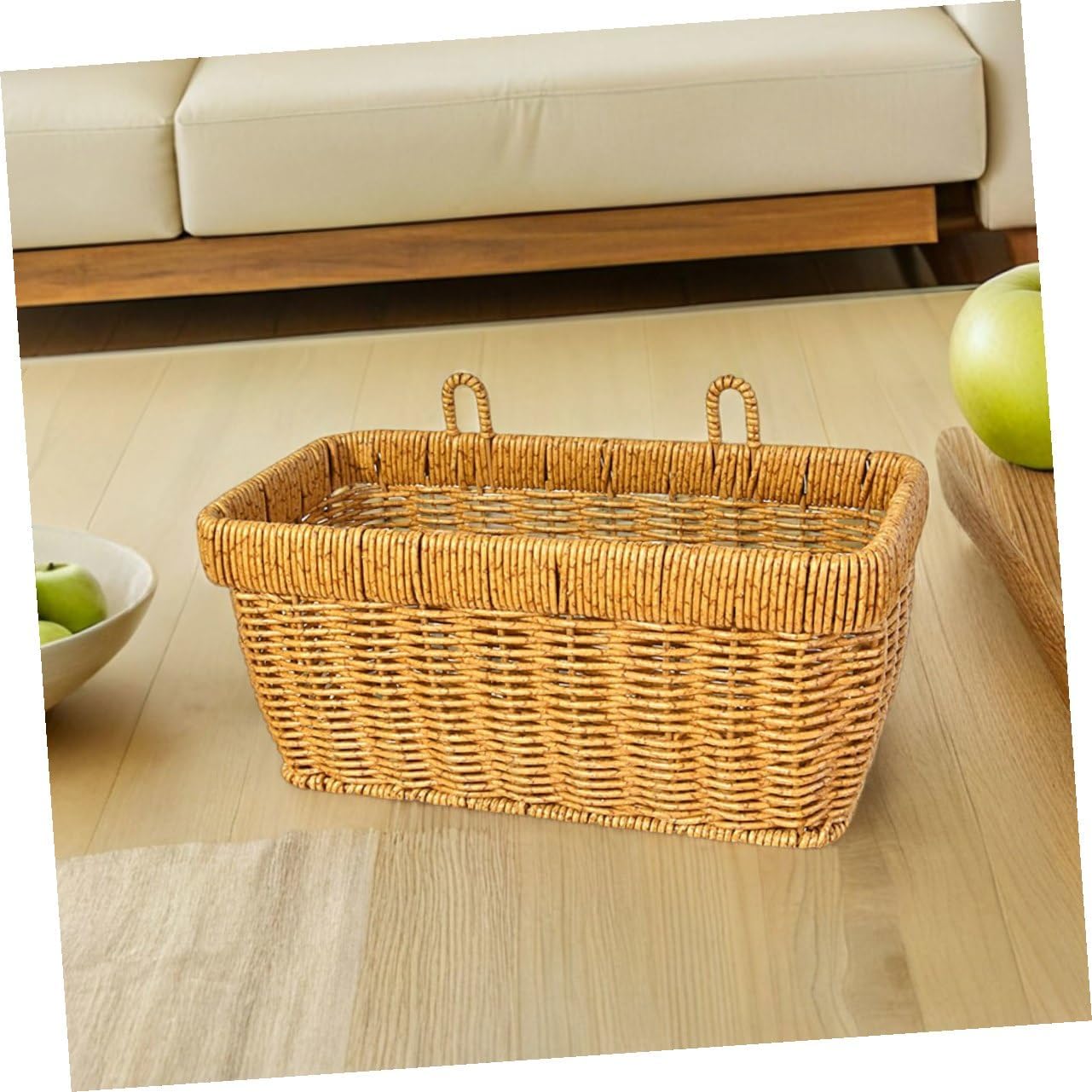 2pcs Kitchen Wall Hanging Baskets Set, Fake Rattan Woven Vegetable and Fruit Storage Bins with Hooks, Space-saving Kitchen Organizer for Garlic, Onion, and Eggs, Light Brown Large