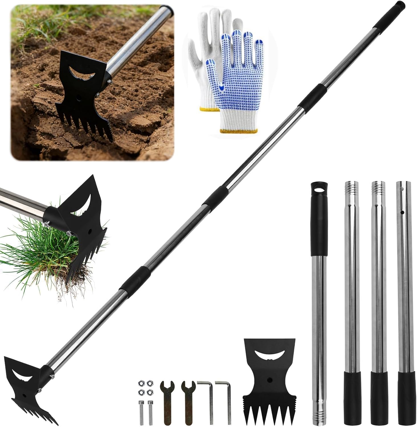 Weed Remover Tool, 148cm Weeding Tools, 2 in 1 Manual Garden Hoe Long Handle, Heavy Duty Stainless Steel for Garden Digging Lawn Patio Gardening