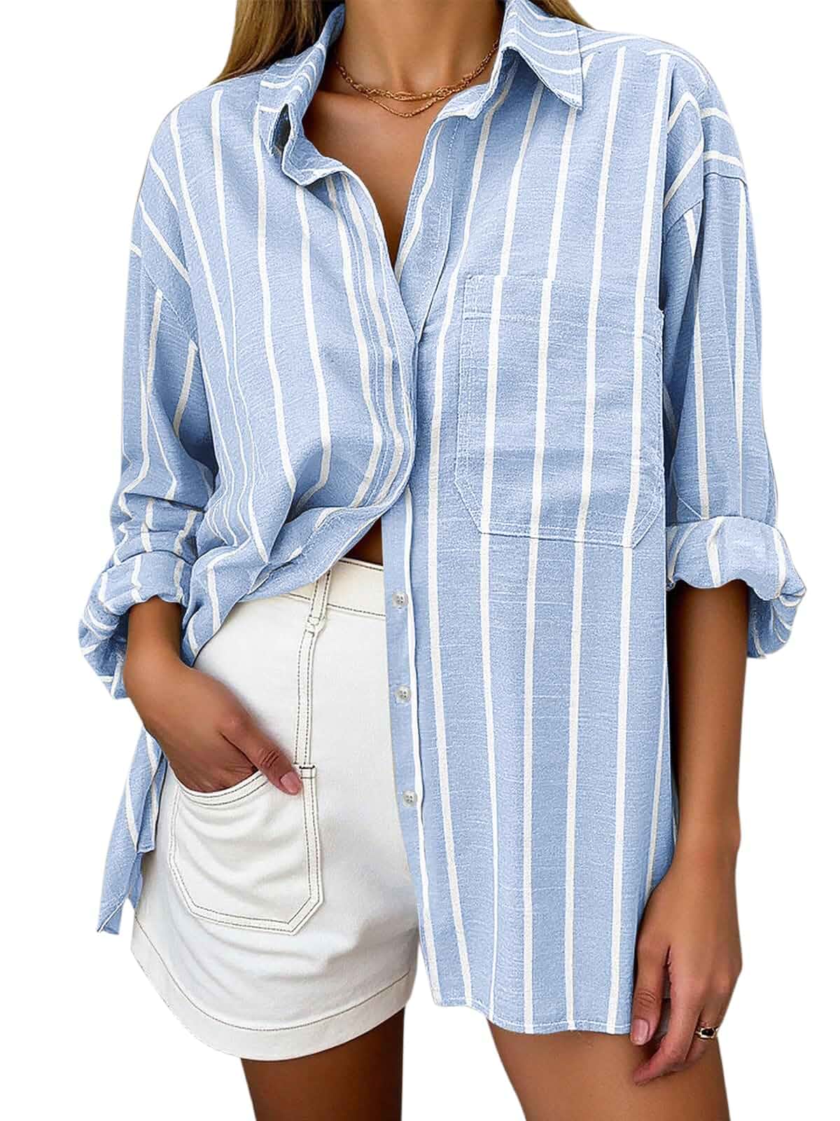 Oversized Button Down Shirts for Women Cotton Oxford Shirt Long Sleeve Collared Blouse with Pocket Beach Vacation Outfit Striped