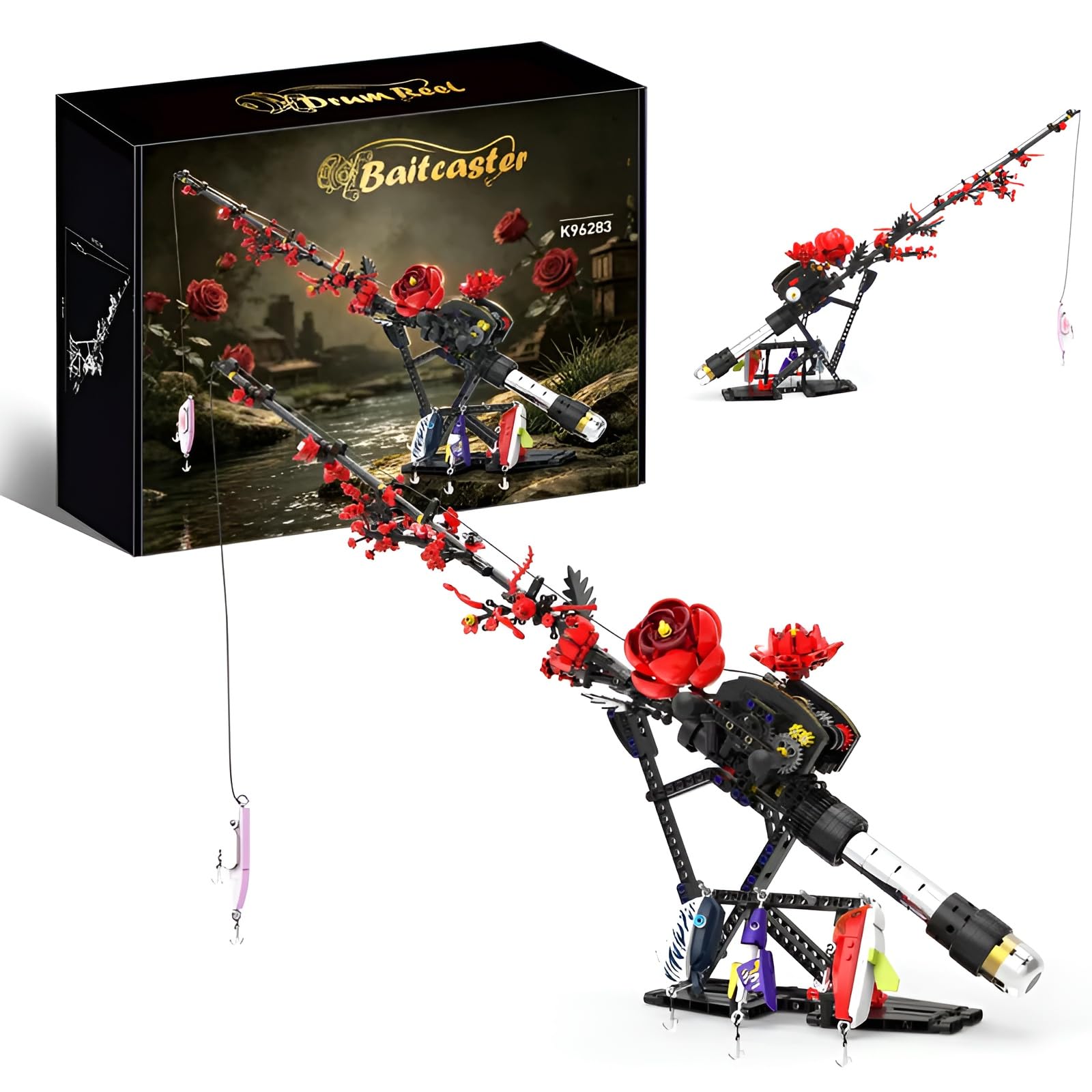 QuirkQuest Fishing Rod Building Set with Roses 806PCS Gothic Unique Decor Gift Enthusiasts