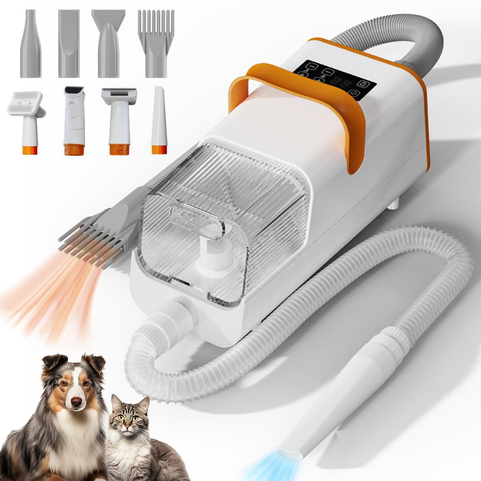 Secador para Perros, Cepillo Aspirador Mascotas, Cortapelos Perros, Aspira del Pelo De Las Mascotas, Bajo Ruido para Perros Y Gatos Y Otras, 8 Herramientas De Aseo