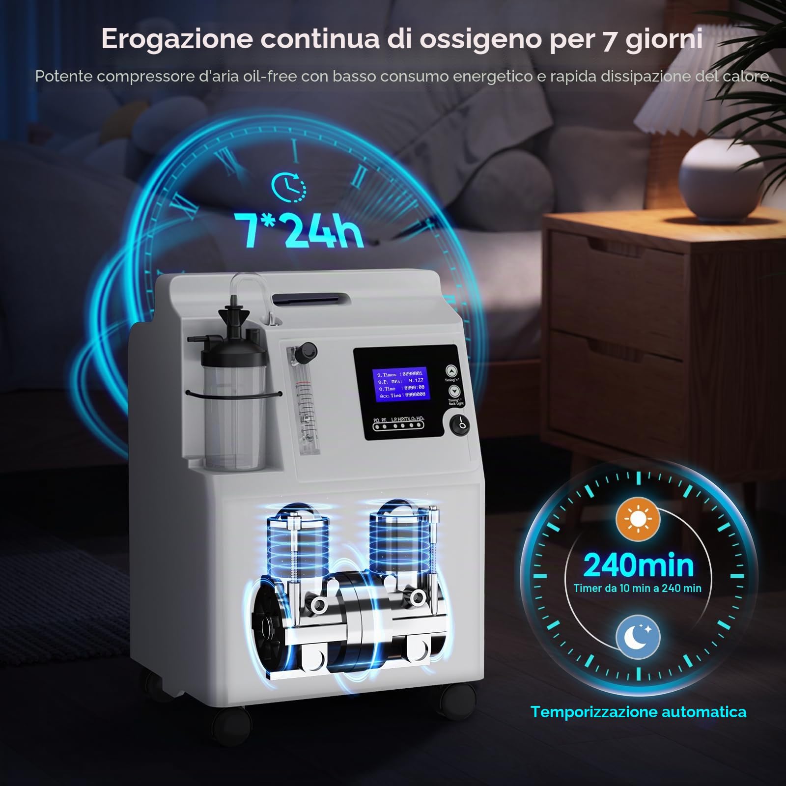 Generatore di ossigeno, concentratore di ossigeno regolabile da 5 litri, concentratore di ossigeno silenzioso per uso domestico, accessori completi per le emergenze