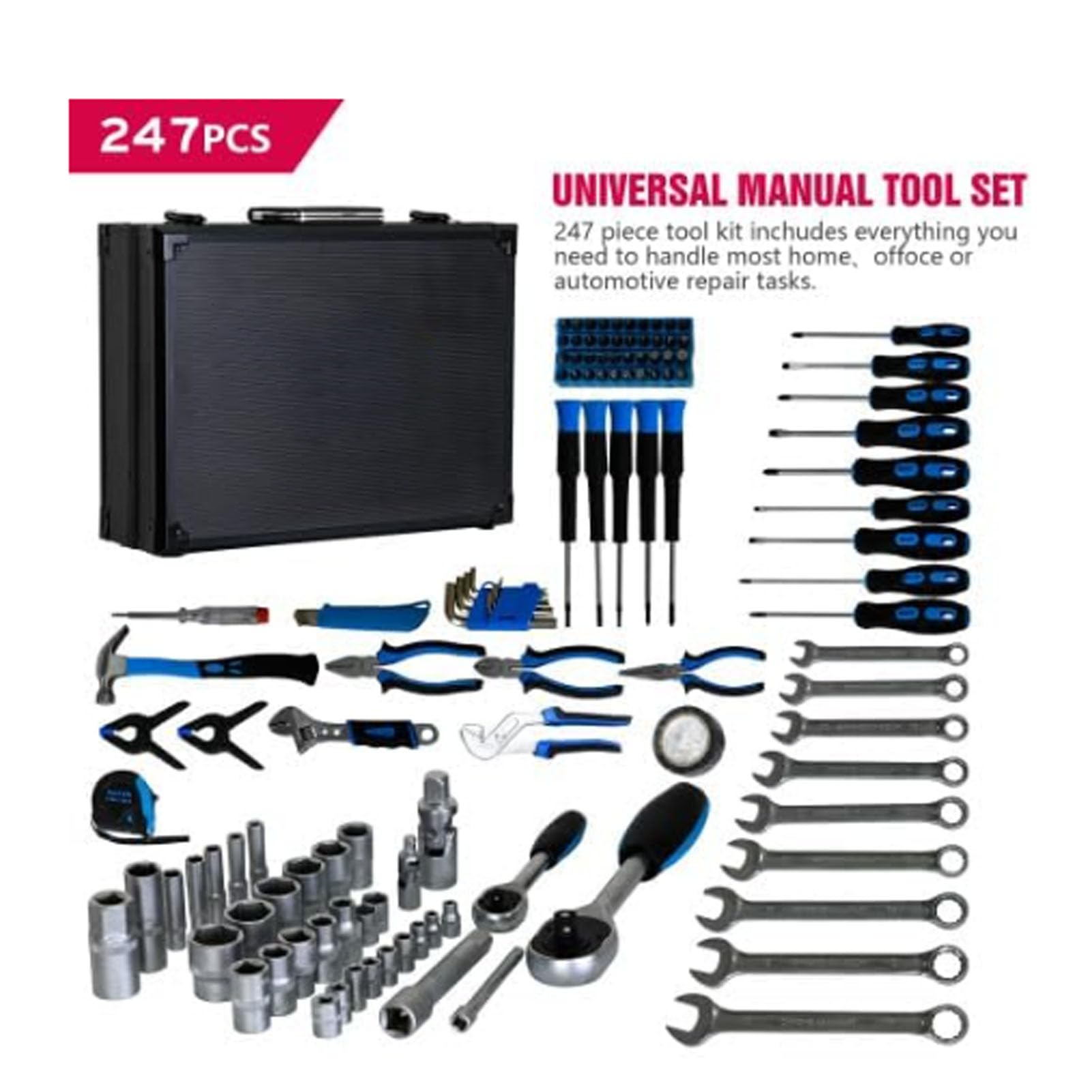 Set di Attrezzi per riparazioni, Kit di Attrezzi Meccanici da 247 Pezzi, Set di Chiavi a Bussola, Set di cacciaviti, Kit di pinze, per riparazioni Auto in casa