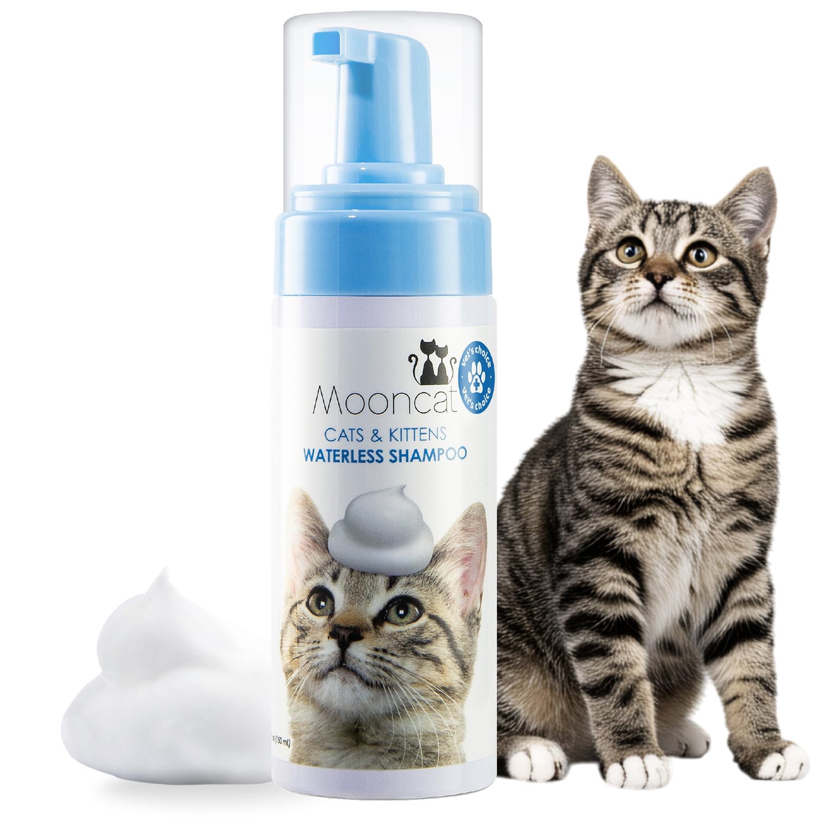 Mooncat Waterless Cat Shampoo, 100% Licking Safe & Vet Approved No Rinse Dry Bath Foam - Gentle Deodorizer for Short Haired Cats, Seniors & Kittens - Soothes Sensitive Skin, Reduces Dander & Odor