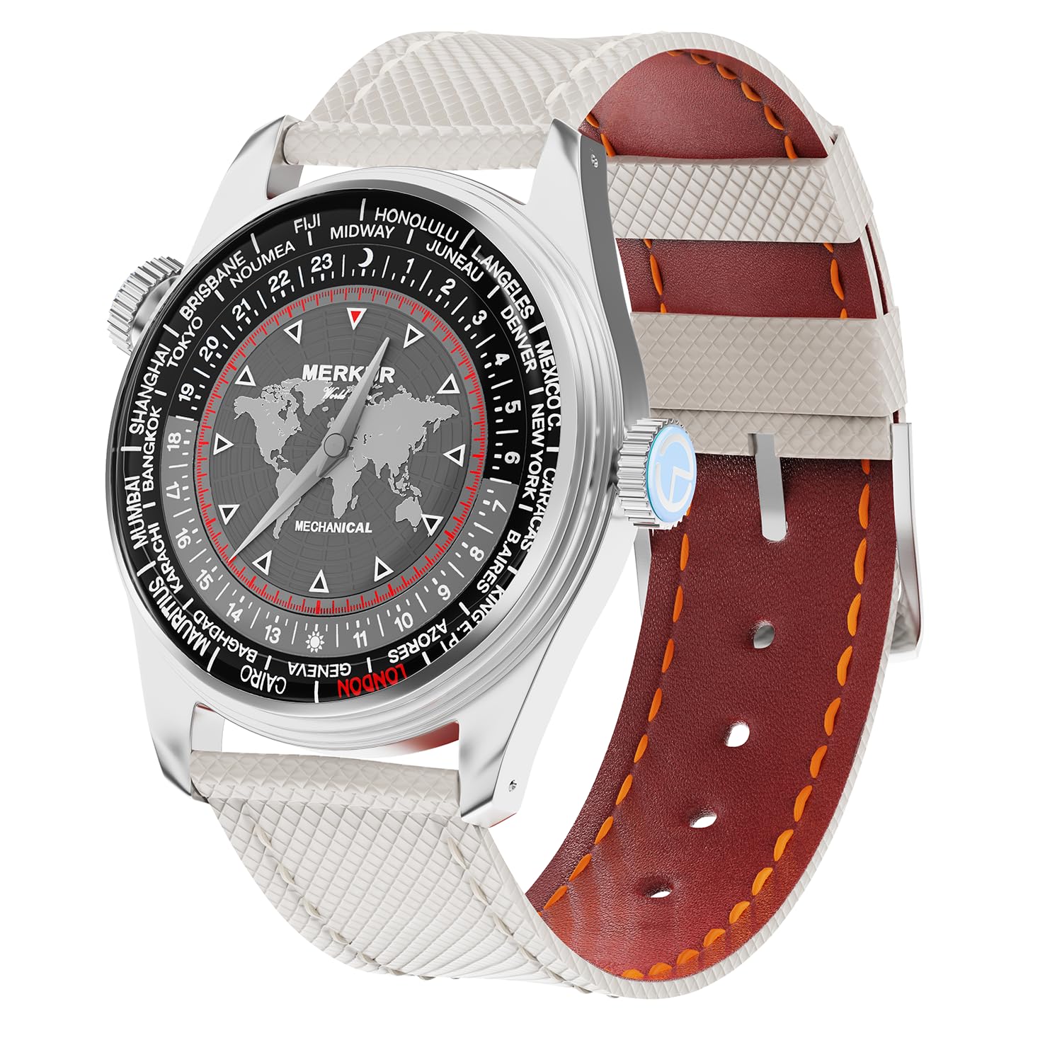 TeamMerkur Merkur 38mm Dual Crown World Time Enamel Dial Watch - Retro Manual Mechanical Watch for Men - Date Window - Vintage, Gray, Classic