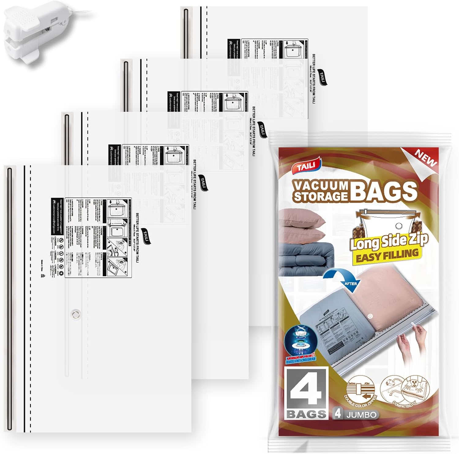 TAILI LONG SIDE ZIP 4 Extra Large Vacuum Storage Bags for