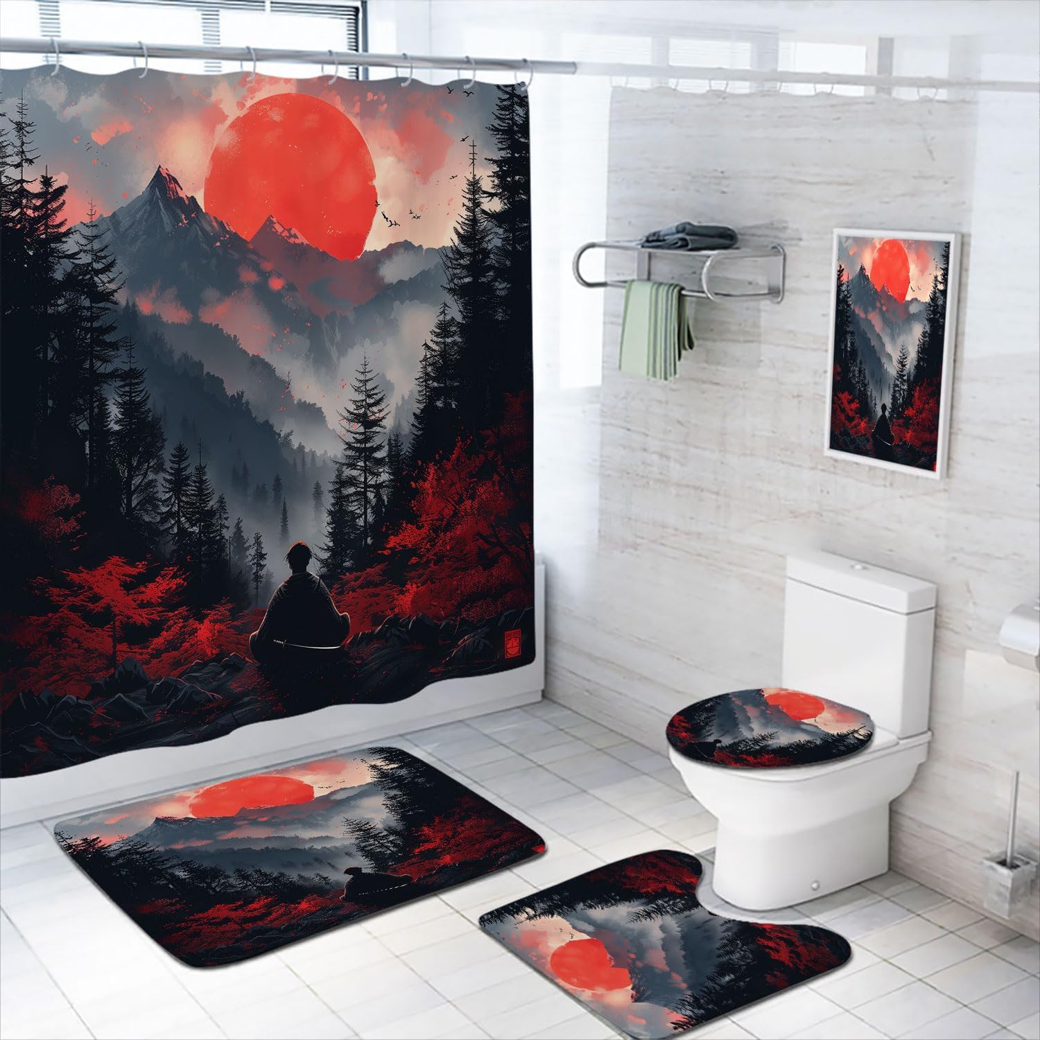 Amazon.com: 4 Pcs Japanese Samurai Shower Curtain Set with Rug, Toilet ...