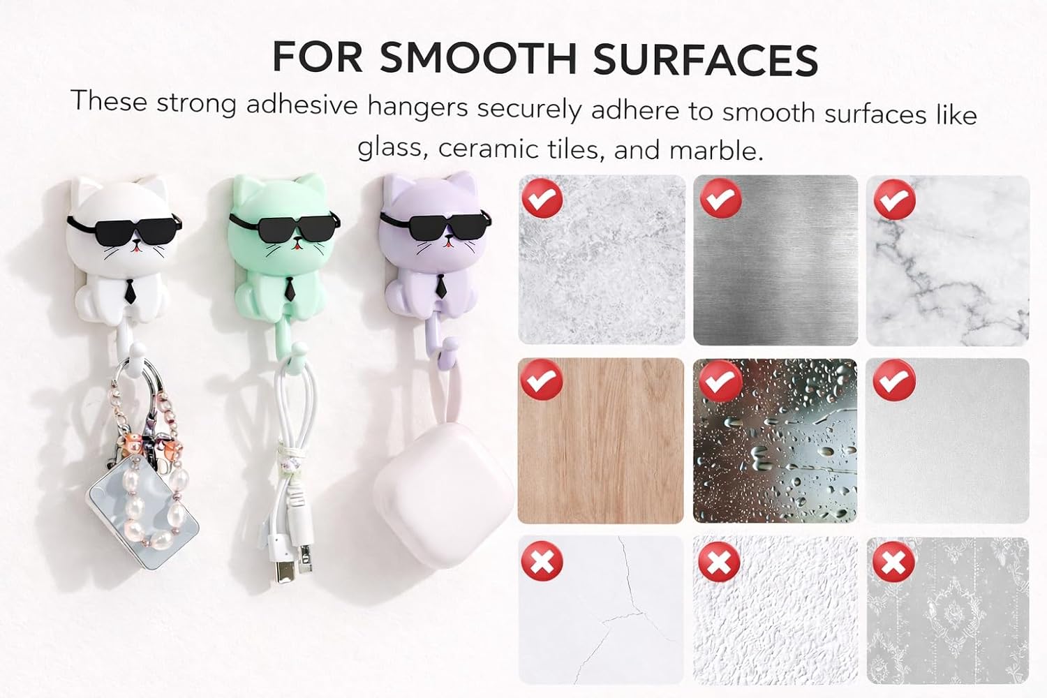4 Pcs Black Color Sunglasses Cat Wall Hooks, Adhesive Mounted Holder for Keys, Hats, Coats, Shower Accessories, No Drill, Cute Cartoon Cat Decor for Living Room, Kitchen, Office, Bathroom