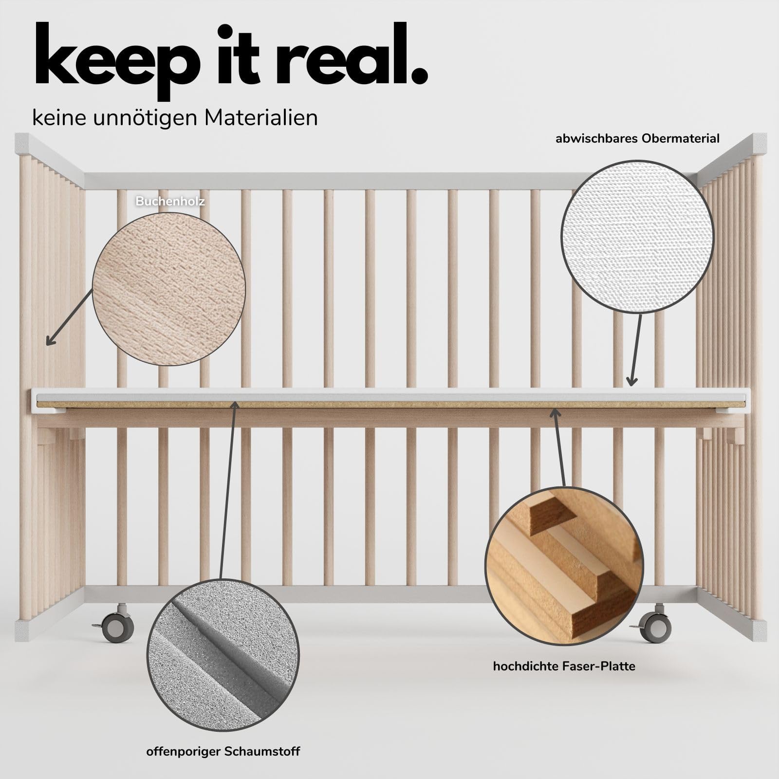 Sämann® Laufgitter 100x100 cm mit Matratze und Schlupfsprossen, stufenlos höhenverstellbar, Baby Laufstall, Buche, gummierte Rollen, Buche weiß/natur lackiert