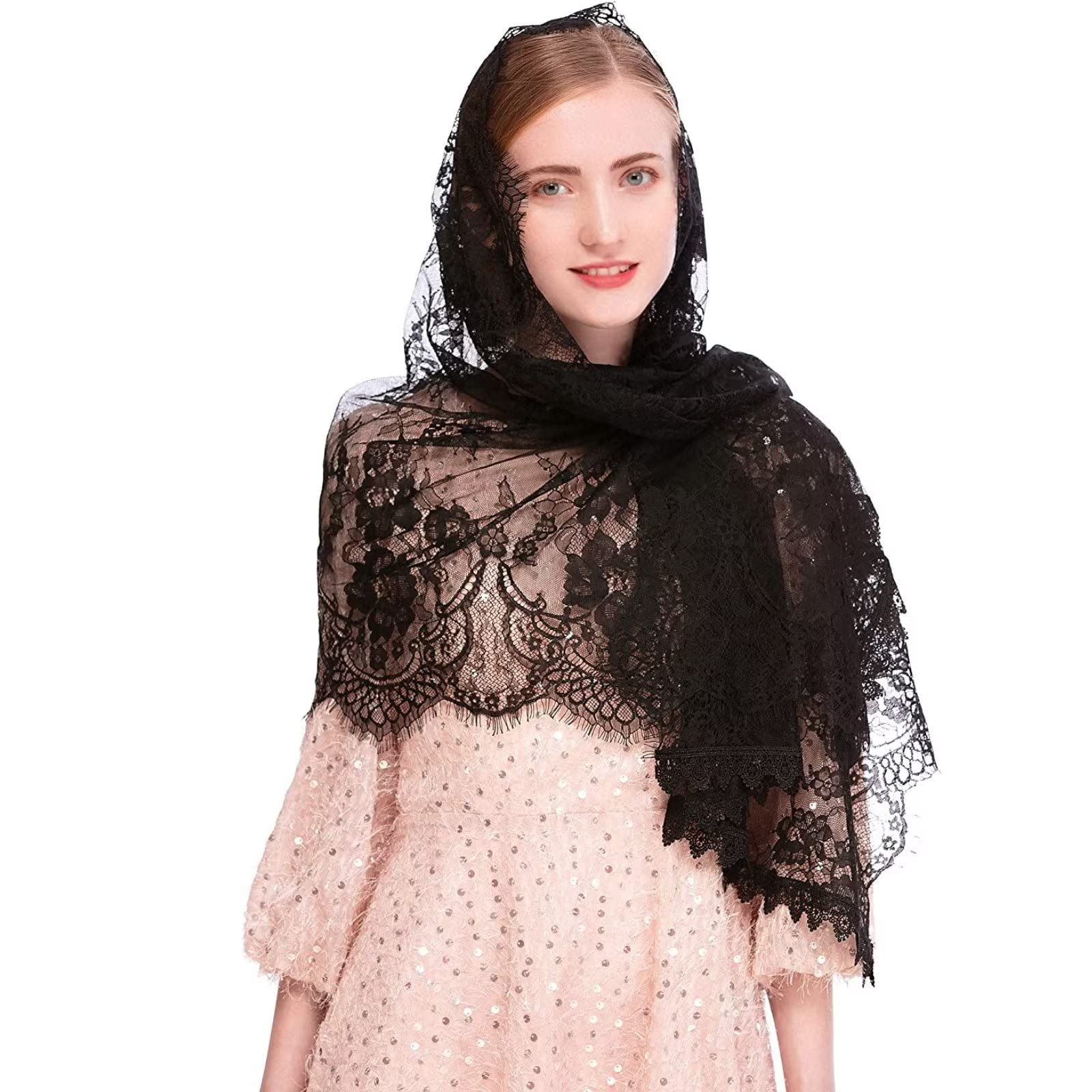 Pañuelo de Encaje Negro, Pañuelo para la Cabeza Velo de Capilla Rectangular Spanis Velos Florales Mantón para Cubrir la Cabeza En Masa