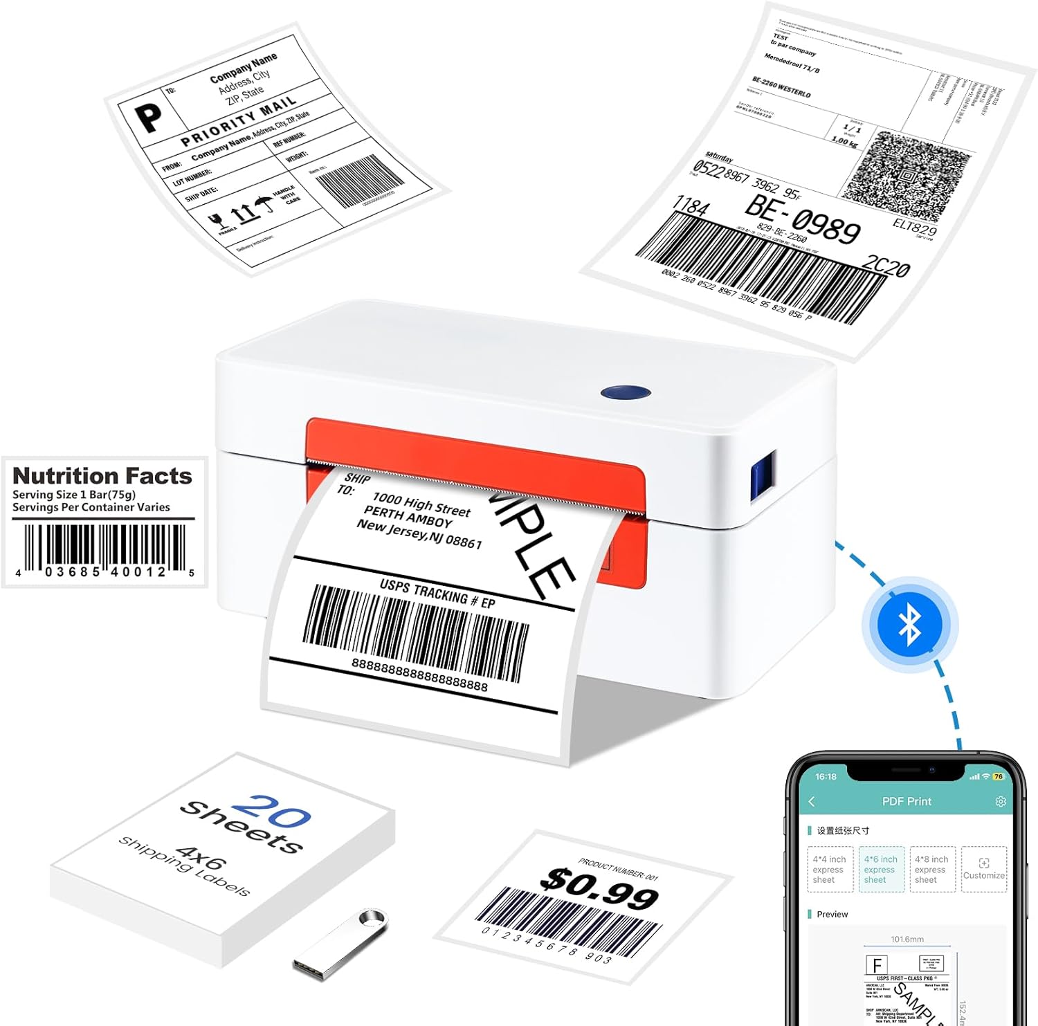 Bluetooth Thermal Label Printer, Wireless 4x6 Thermal Printers Shipping Label Printer for Small Business Shipping Package, Office, School Compatible with Amazon, Shopify, USPS, White