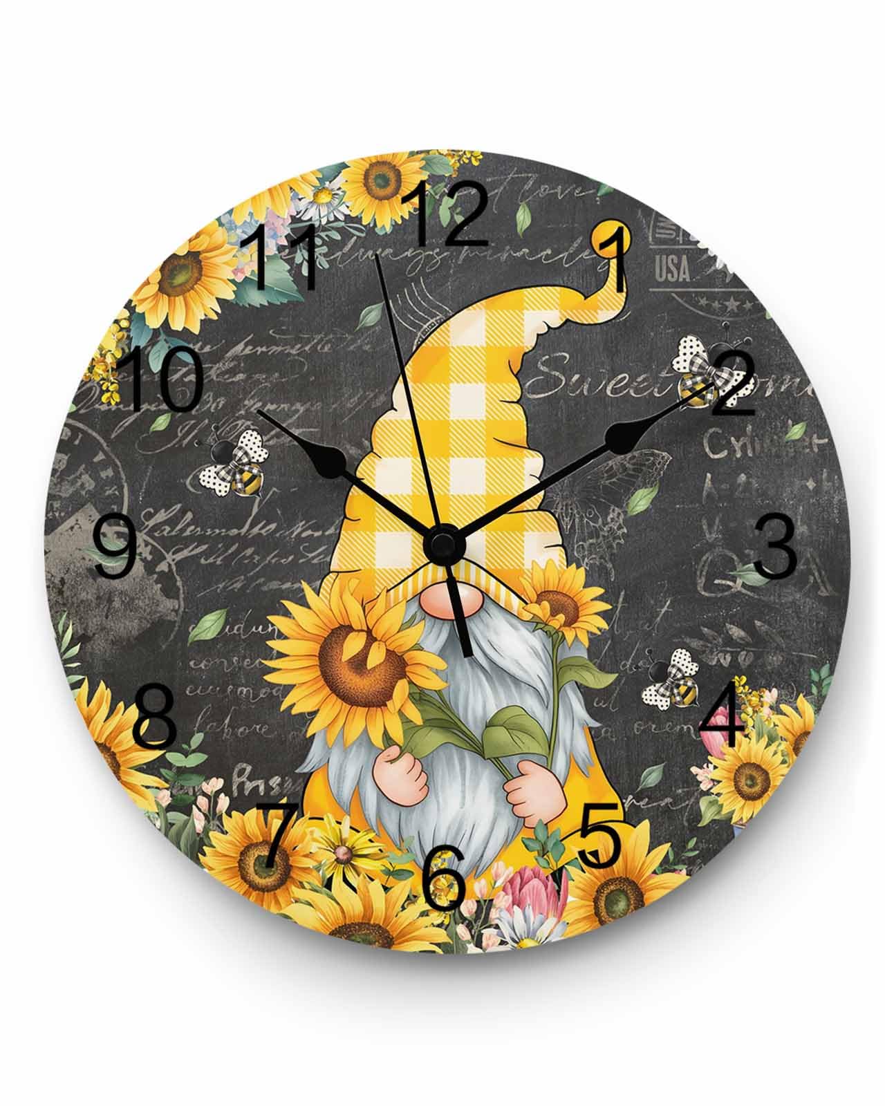 Ensound Wall Clock Yellow Sunflower Gnome Clocks Wooden Silent Non-Ticking Battery Operated Decorative Bee Farmhouse Black Round Clock for Home Living Room Kitchen Bedroom Office School 12 Inch