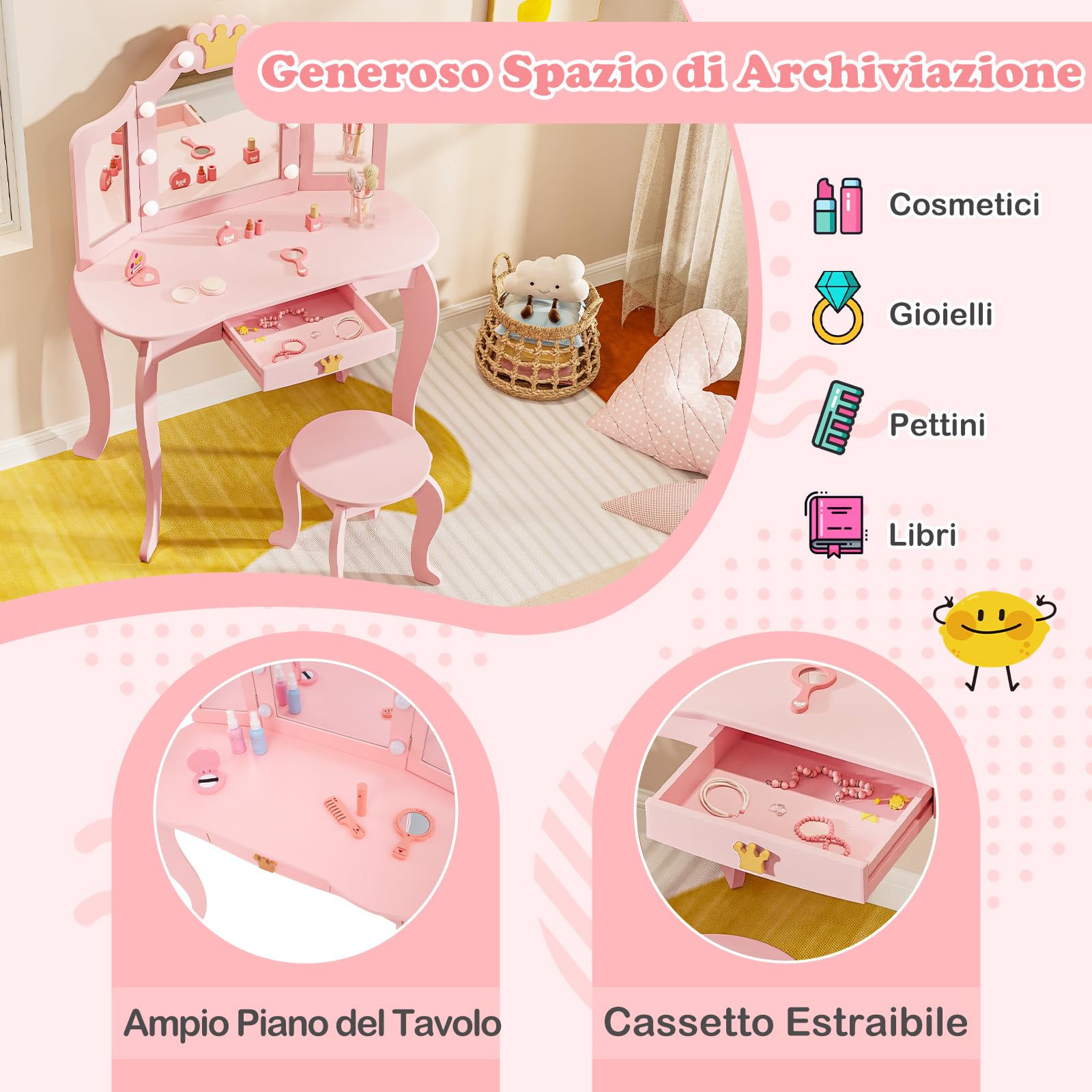 RELAX4LIFE Toeletta Trucco per Bambina con 8 Lampadine LED, 3 Colori di Luci, Specchiera Trucco con Sgabello, Toeletta in Legno, Specchio Rimovibile, per Bambini 3-7 Anni (Rosa)