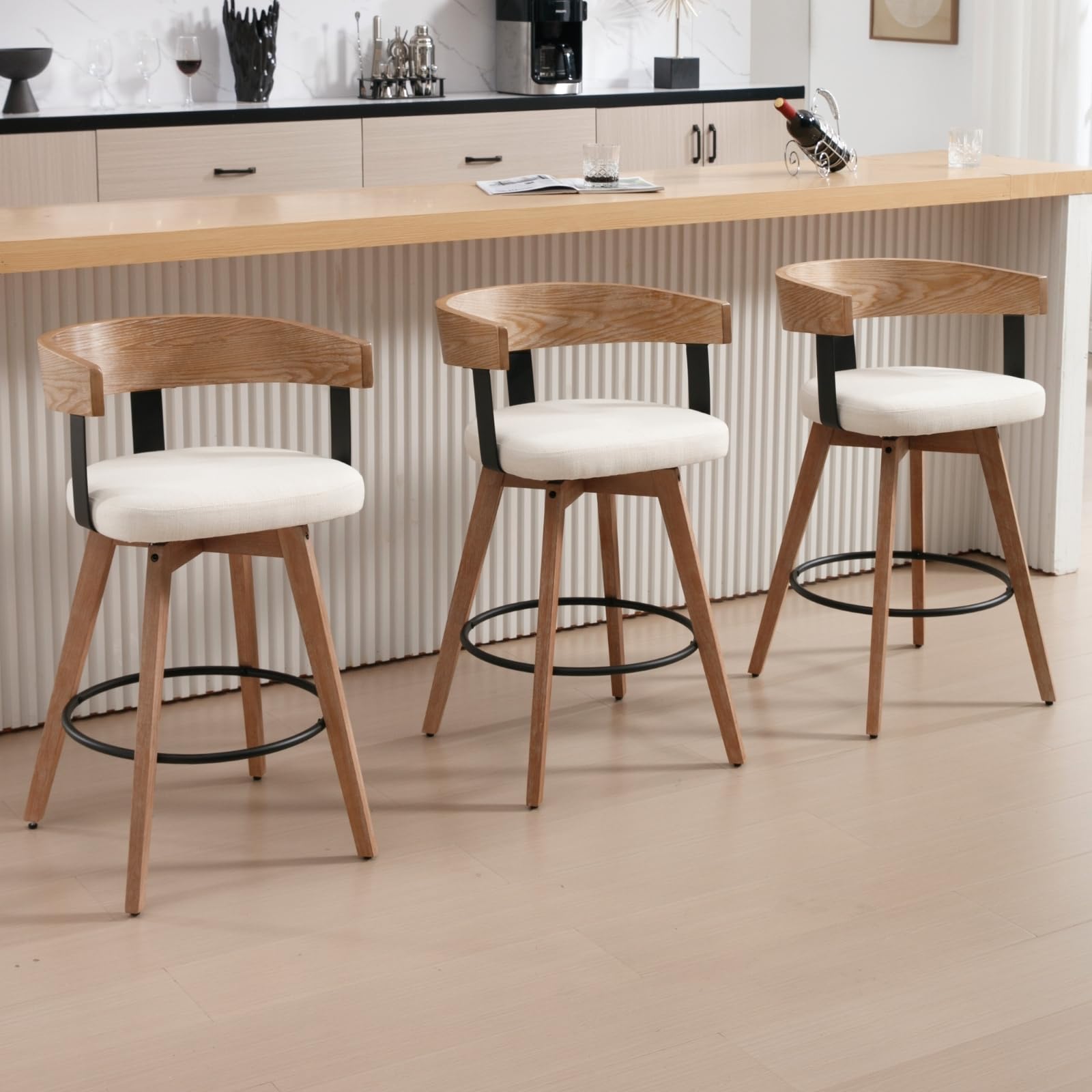 duomay swivel bar stools set of 3 2634 counter height bar stool with footrest modern wood barstools with linen upholstered seat counter stools for kitchen island home bar white