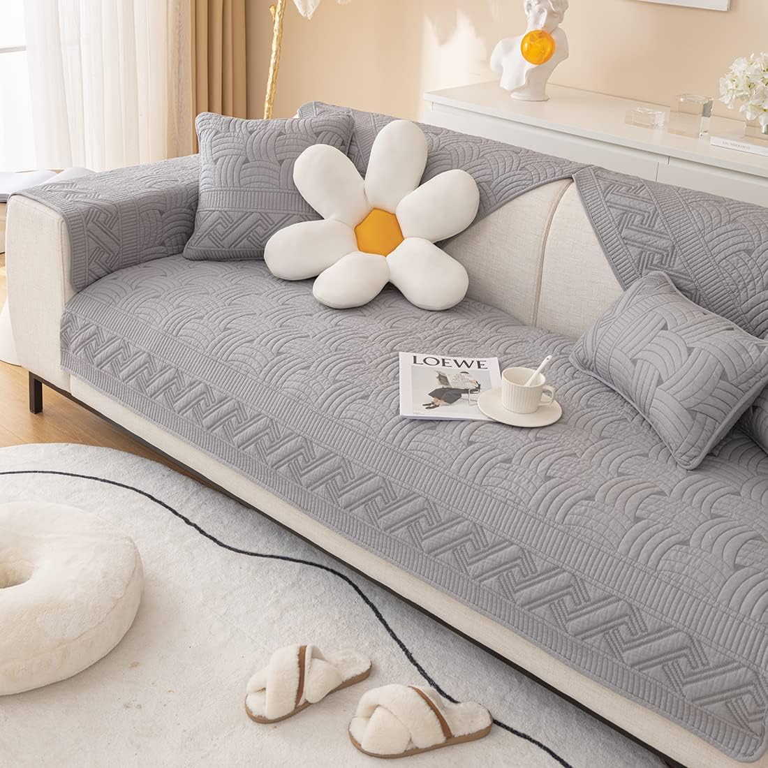 Farmhouse Cotton Quilted Sofa Cover Weave Pattern Embroidery Sectional Couch Cover Soft Nonslip Sofa Slipcover Furniture Protector Cover for Pets Kids Children Dog Cat (Gray,36"x63")