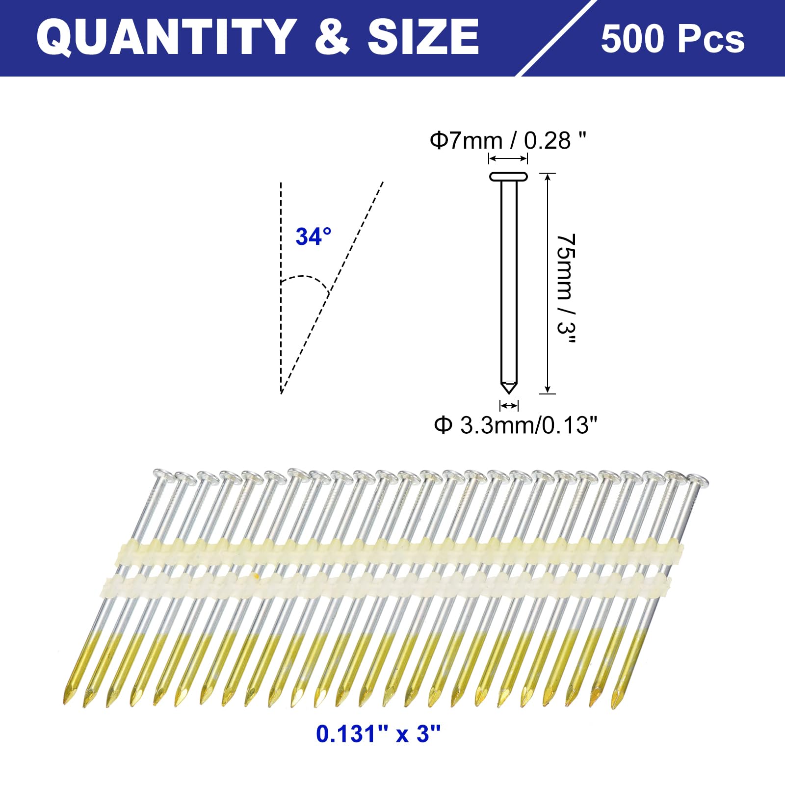 QUARKZMAN 500Pcs Chiodi Da Carpentiere 34 Gradi 0.131" x 3", Chiodi A Collana In Carta Acciaio Al Carbonio Zincato Per Mobili/Edilizia, Colore Zincato