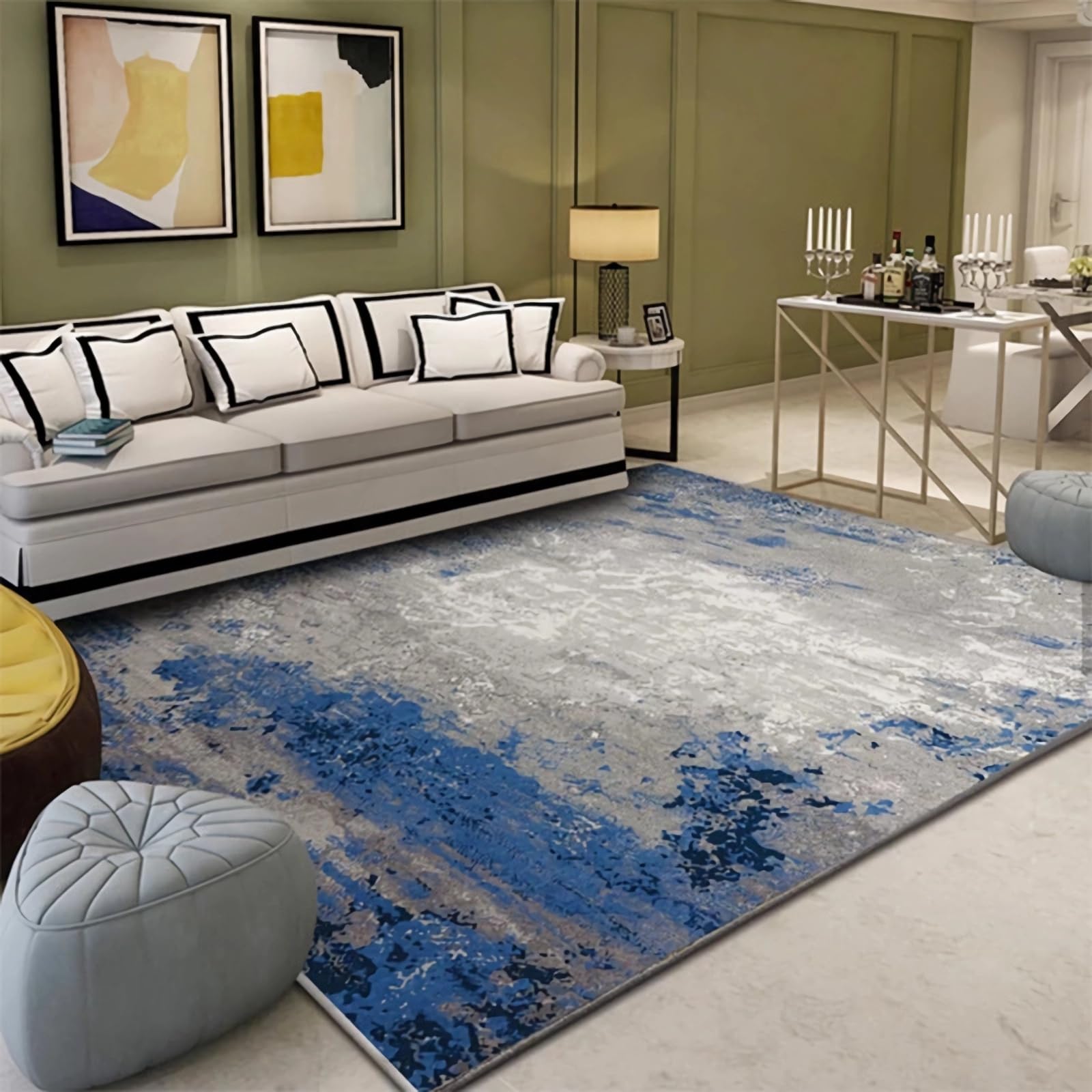 Bettvorleger Schlafzimmer,Waschbarer Anti-Rutsch-Teppich in blau-grauem Tintendesign,Badezimmer vorleger Stuhl kinderzimmer,140x200cm
