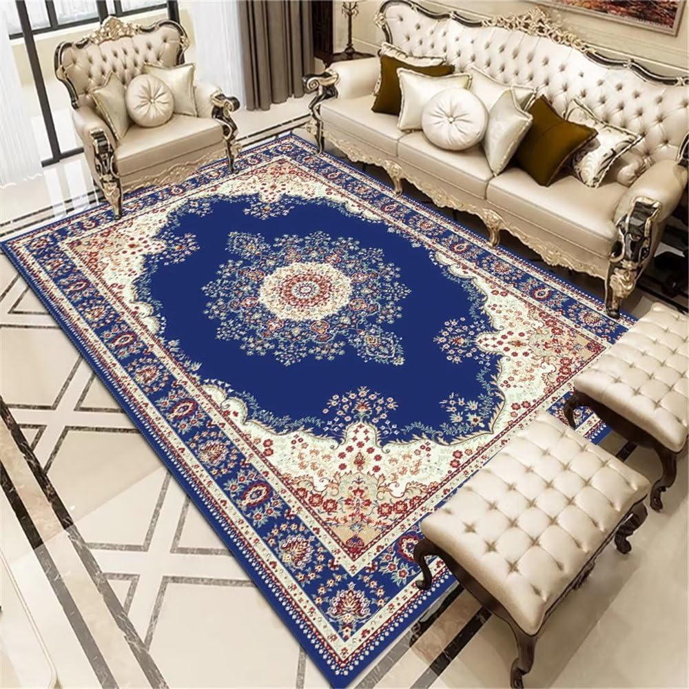 Tapis chambre ado design vintage bleu foncé floral, solution déco résistante