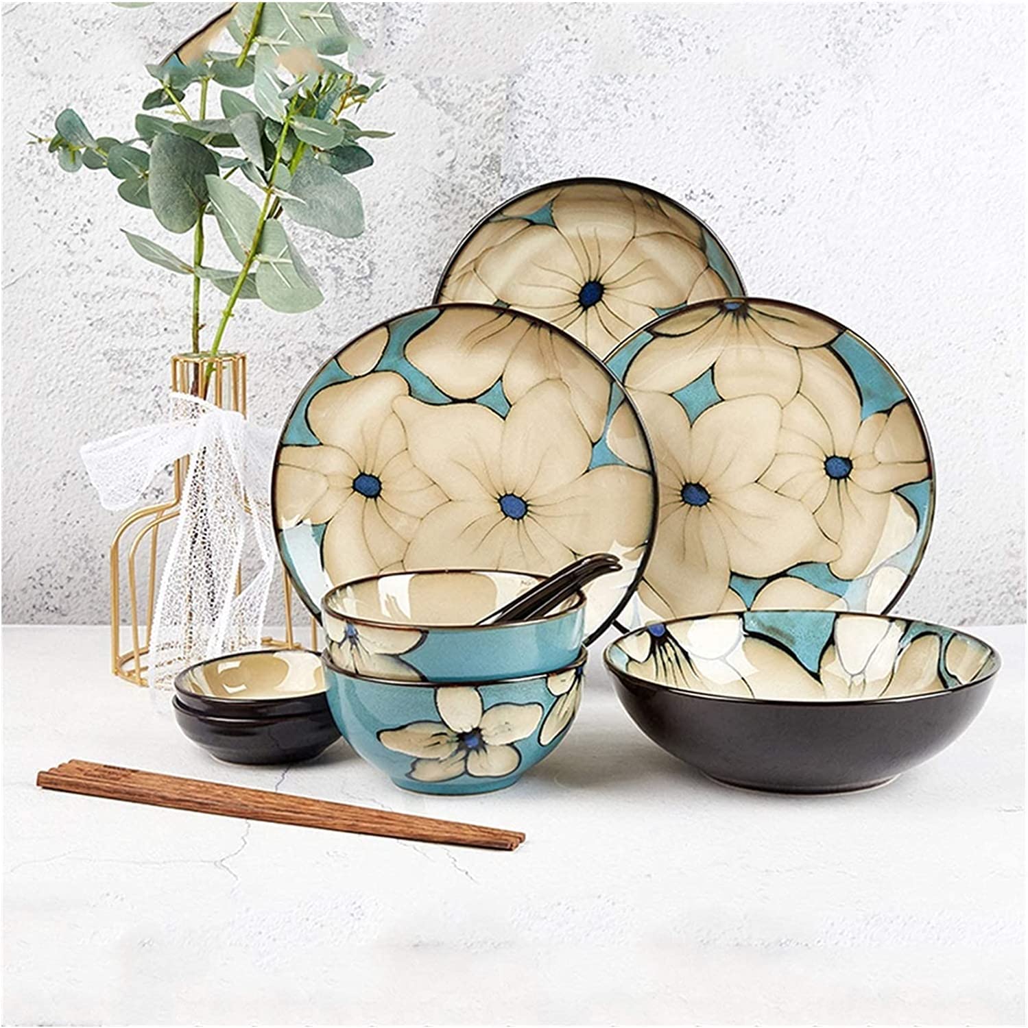 Zestaw obiadowy Luksusowy rodzinny zestaw obiadowy, ręcznie malowany zestaw obiadowy Niebieska miska na ryż Miska na zupę Talerz obiadowy Talerz rybny Kombinacja Ceramiczny serwis domowy dla 2 osób (