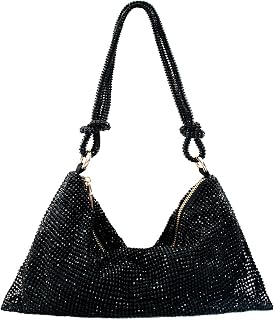 Rhinestone Purse Silver Hobo Purse Sparkly Black Evening Bag for Women Prom Party Wedding