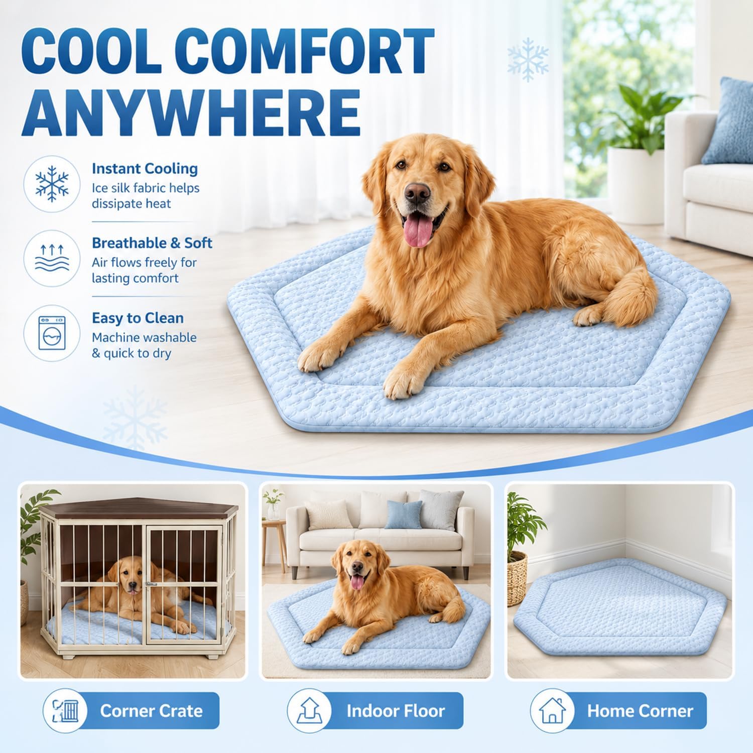 Fanfanwin 42.5 x 23.8 Inch Corner Dog Crate Mat Bed for Large Dogs, Washable Kennel Pad for Furniture Dog Crate, Ice Silk Cooling Pet Bed Insert Soft Summer Pet Sleeping Mats for Indoor Use (Mat Only)