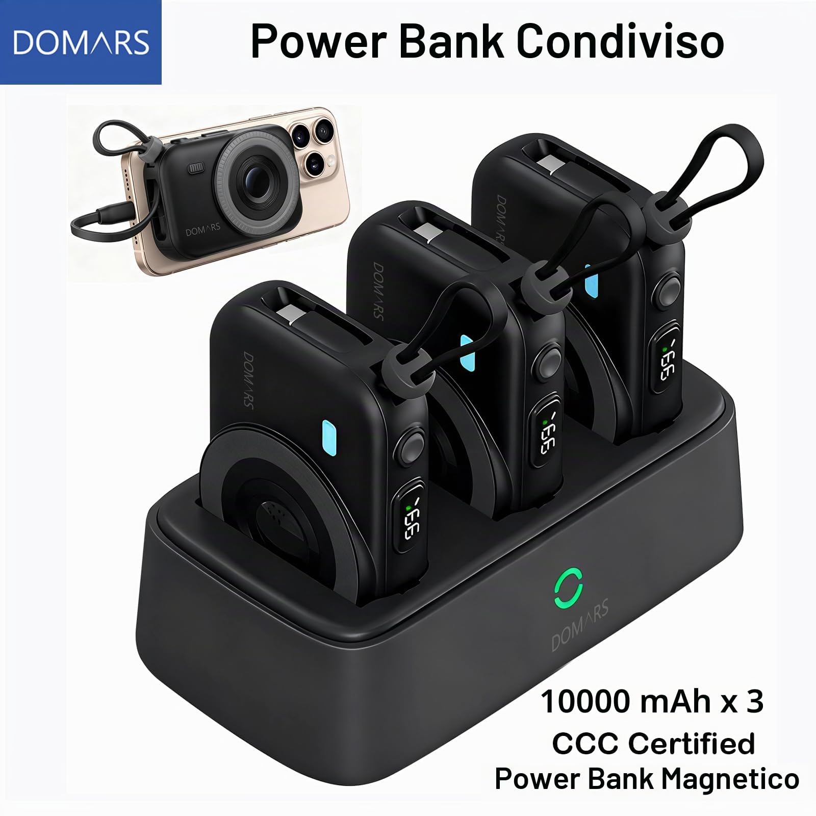 Caricatore Portatile Stazione,3x10000mAh Power Bank Magnetico con Ricarica Rapida, Doppio Cavo Type-C e Integrato, Display LED per Viaggi, Casa e Ufficio (Nero)