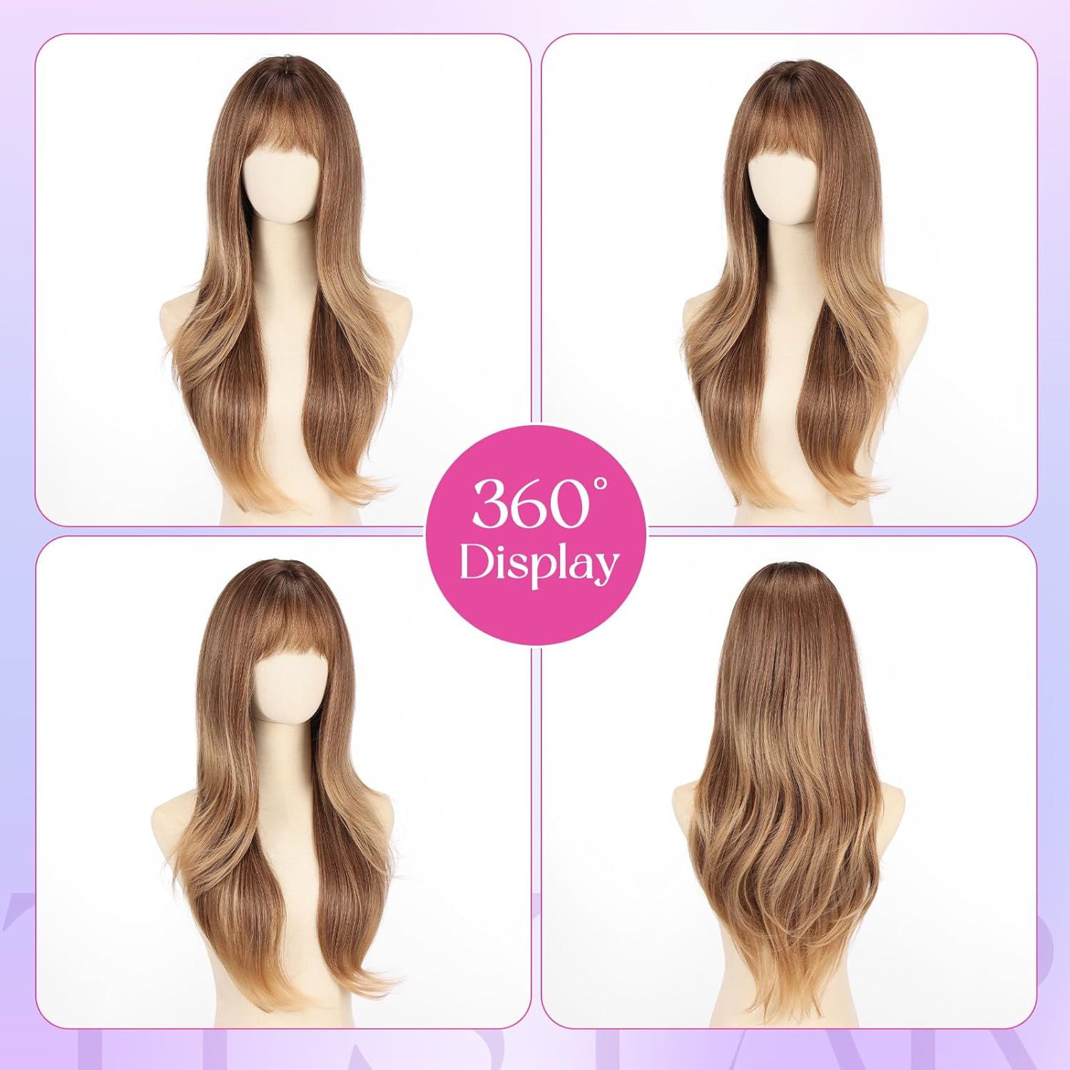testar Ombre Dark Brown Long Wavy Wigs with Bangs for Women Natural Synthetic Layered Heat Resistant Wig 26 INCH for Girls Daily Party Cosplay Halloween Use