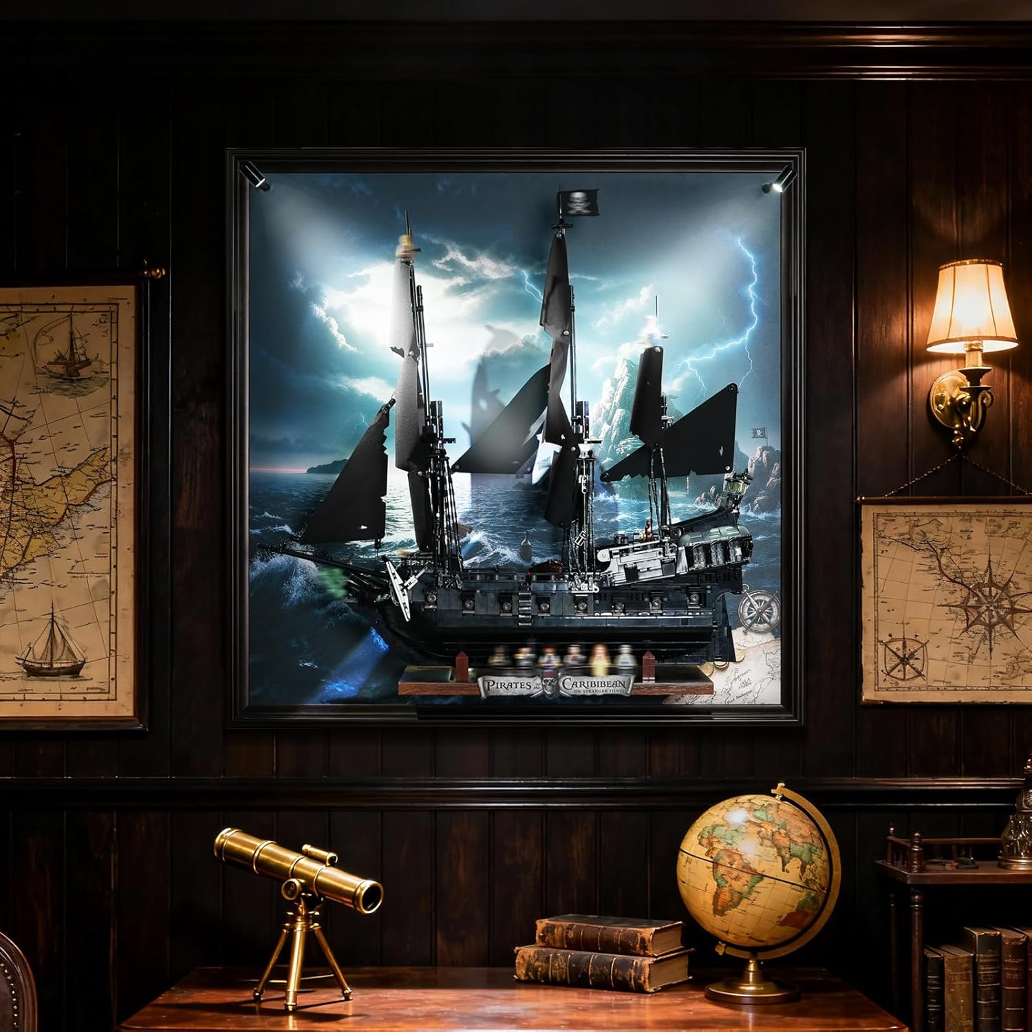 Display Wall Board for LEGO Black Pearl 10365, Display Hanger with LED Light & Music Player, USB Powered, Showcase Your Ship Securely (Pirate Ship Model Not Included)