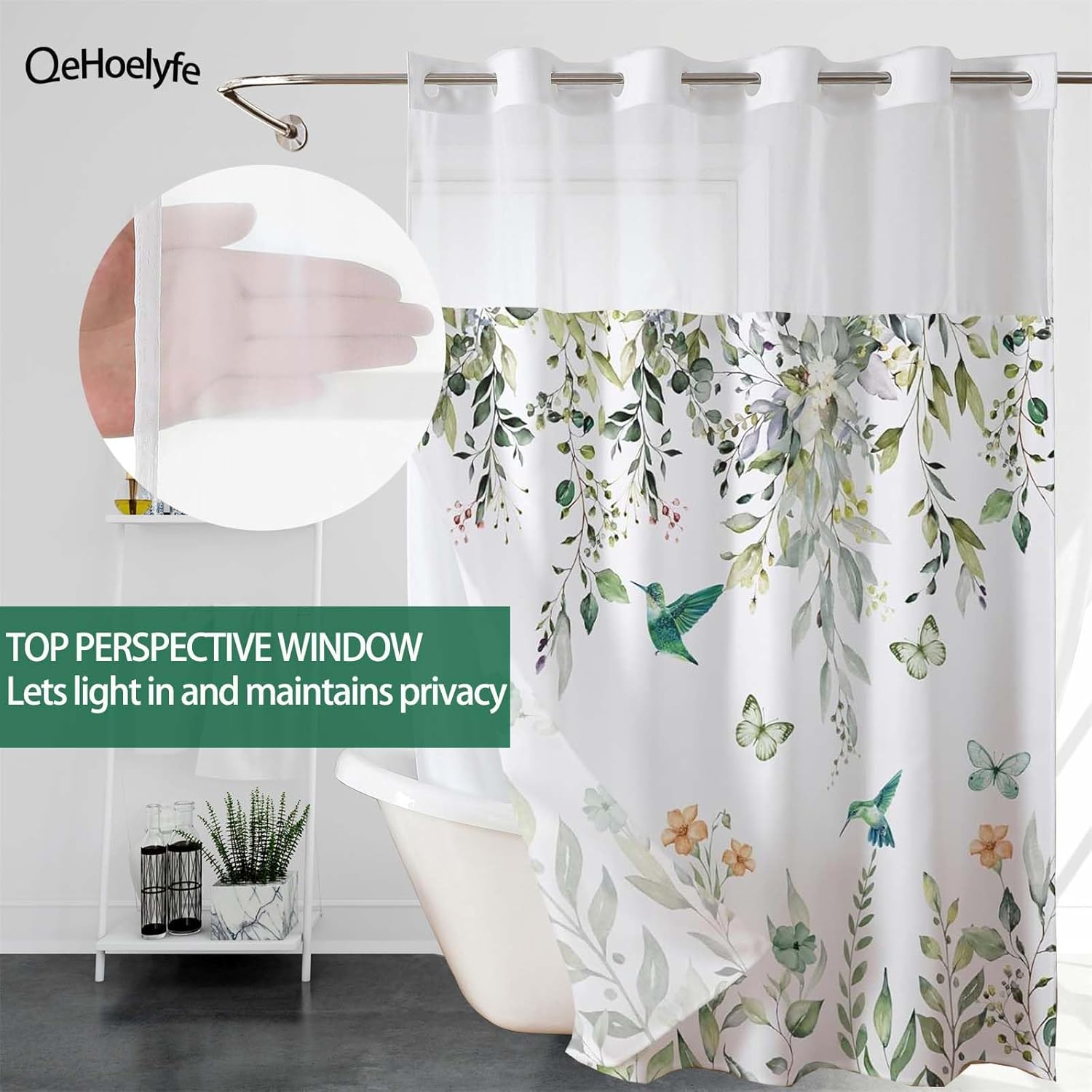 Sage Green Eucalyptus No Hook Shower Curtain with Snap in Liner- Hummingbird Shower Curtains for Bathroom- Fabric Inner Liner, Garden Butterflies Bath Curtains- Machine Washable,71 x 74