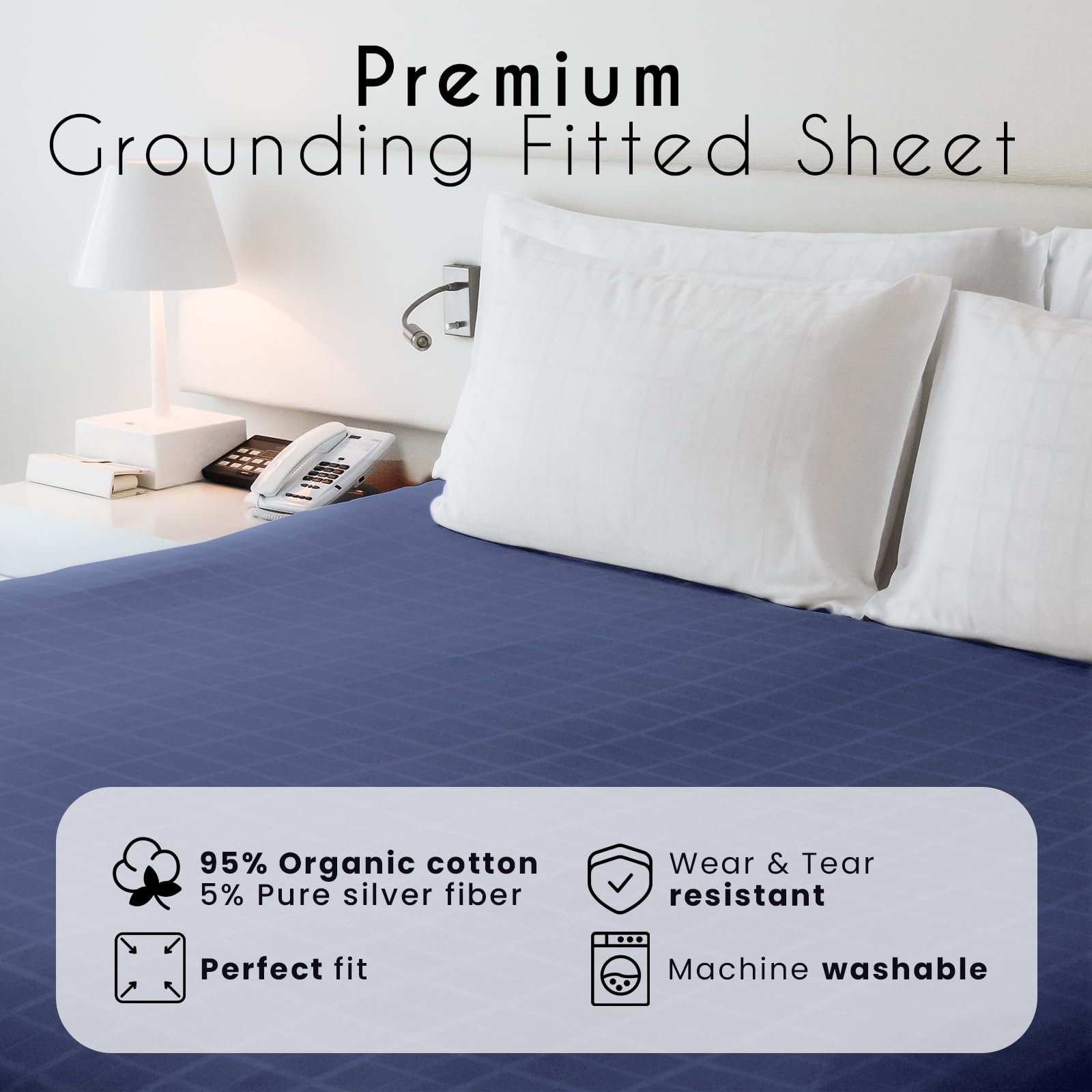 Adamson Grounding Fitted Sheet King Size, Earthing Sheets - Pure Silver Fiber & Organic Cotton + Grounding Cord + Tester Pen Included - 5-Year Assurance (Blue, King - 76